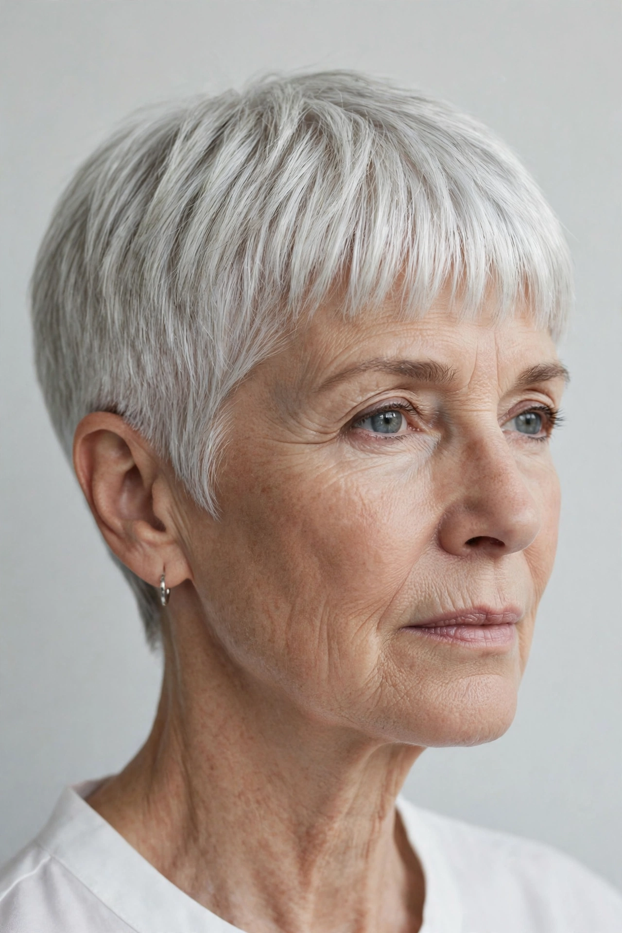 Classic silver French crop pixie on a woman over 60 with forward fringe