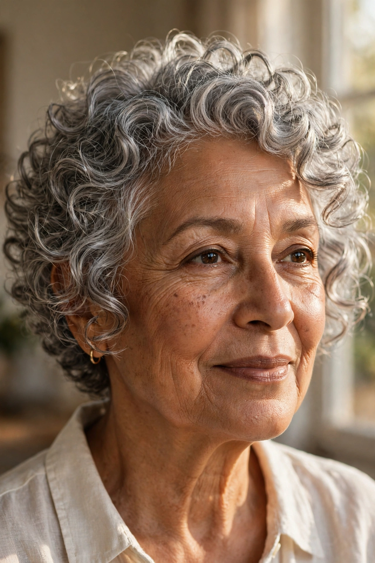 Soft curly pixie with side volume on a woman over 60 with an oblong face shape