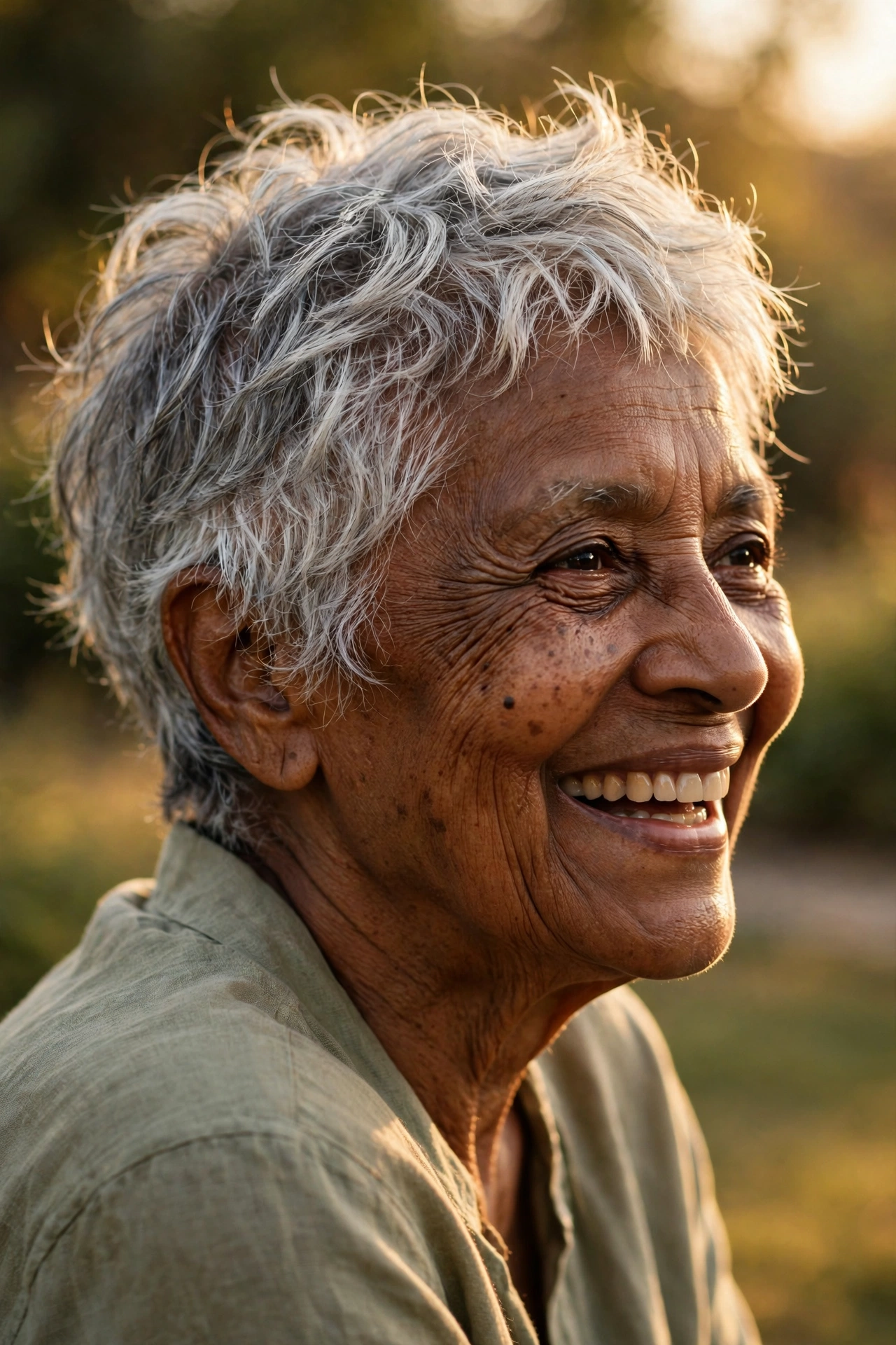 Free natural salt-and-pepper pixie on a woman over 60 with organic texture
