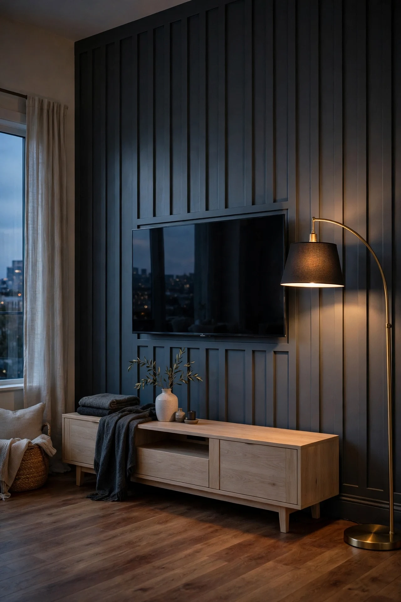 Charcoal board-and-batten wainscoting behind a living room media wall with wall-mounted TV