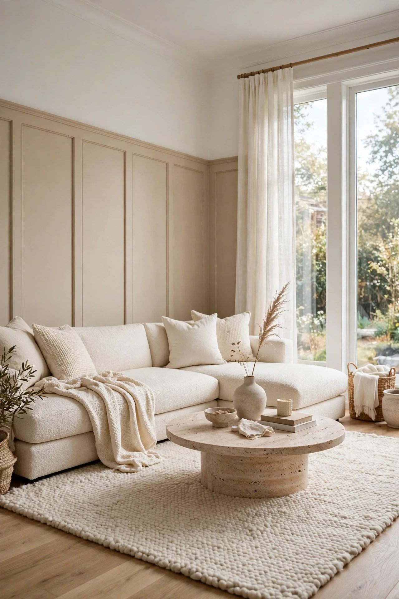 Low cream boucle sectional against a warm greige board-and-batten living room wall