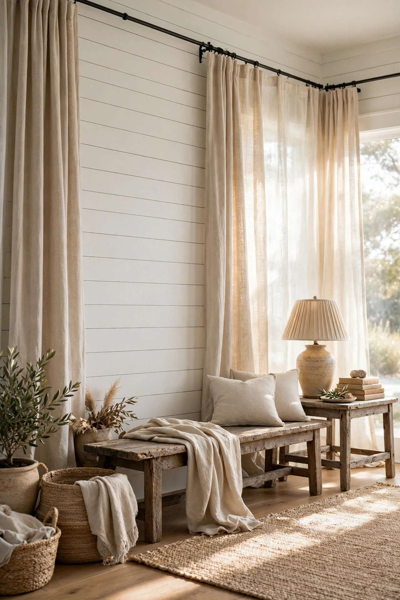 Belgian linen drapes on a soft-white horizontal shiplap living room accent wall