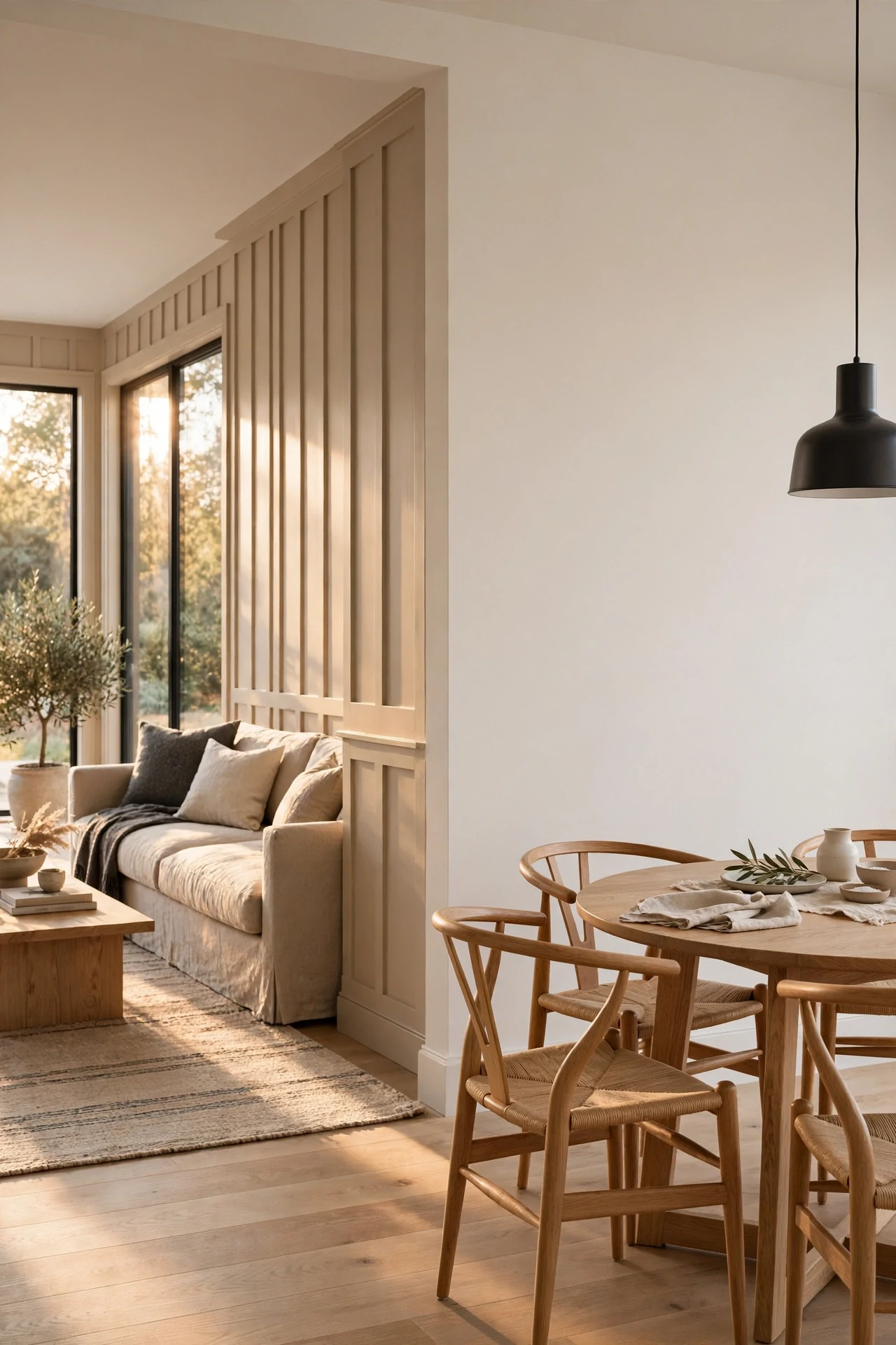 Board-and-batten wainscoting zoning an open-plan living room from the dining area