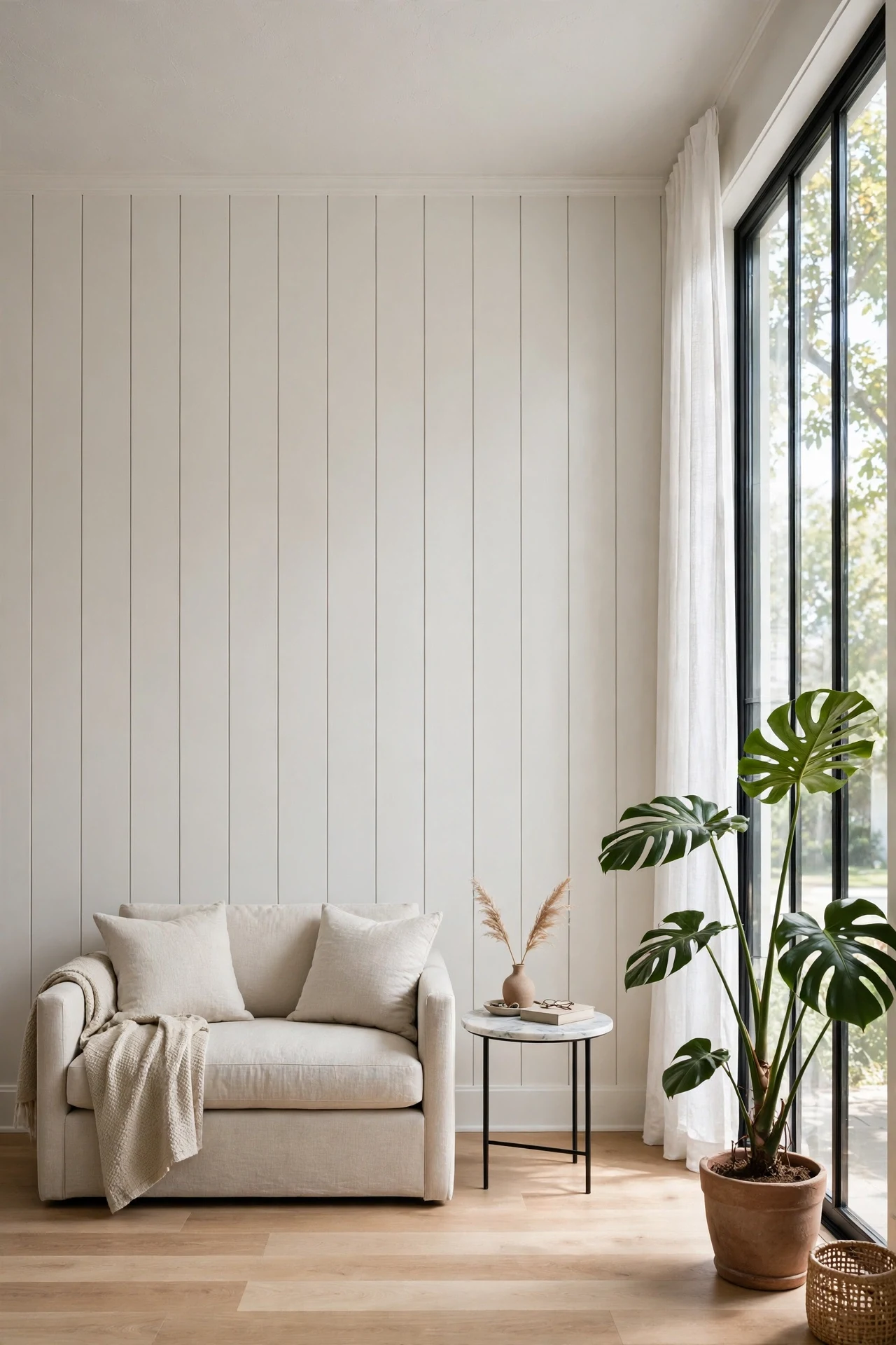 Floor-to-ceiling vertical white shiplap making a small living room feel taller