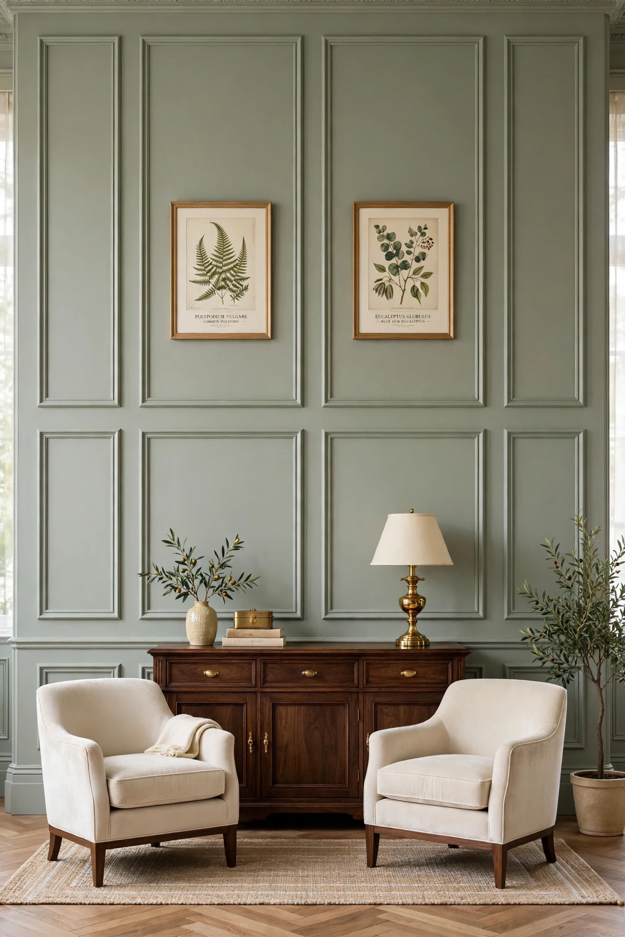Full-height muted sage picture-frame molding in a living room with velvet armchairs