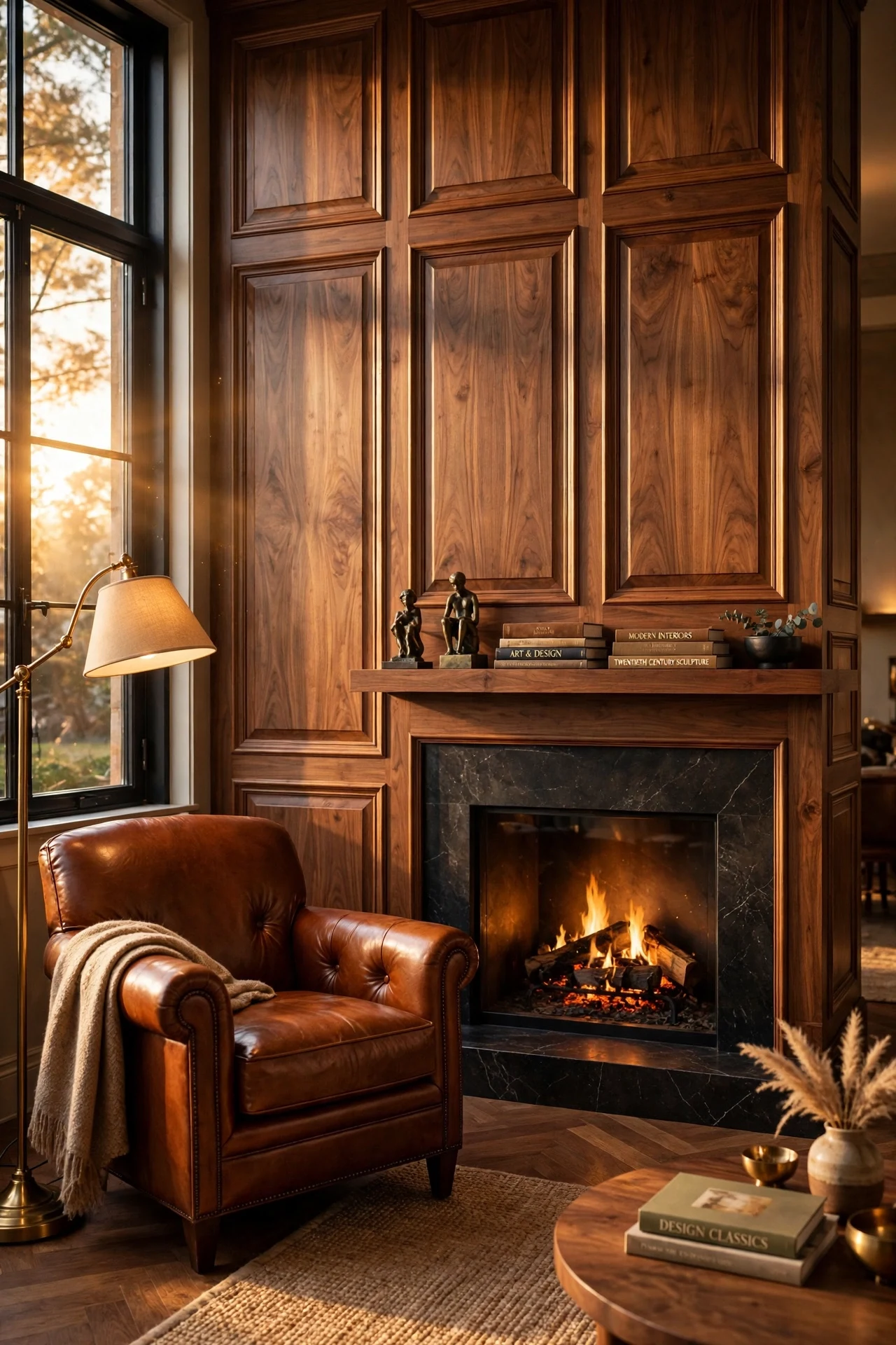 Walnut raised-panel wainscoting behind a living room fireplace with fire glow