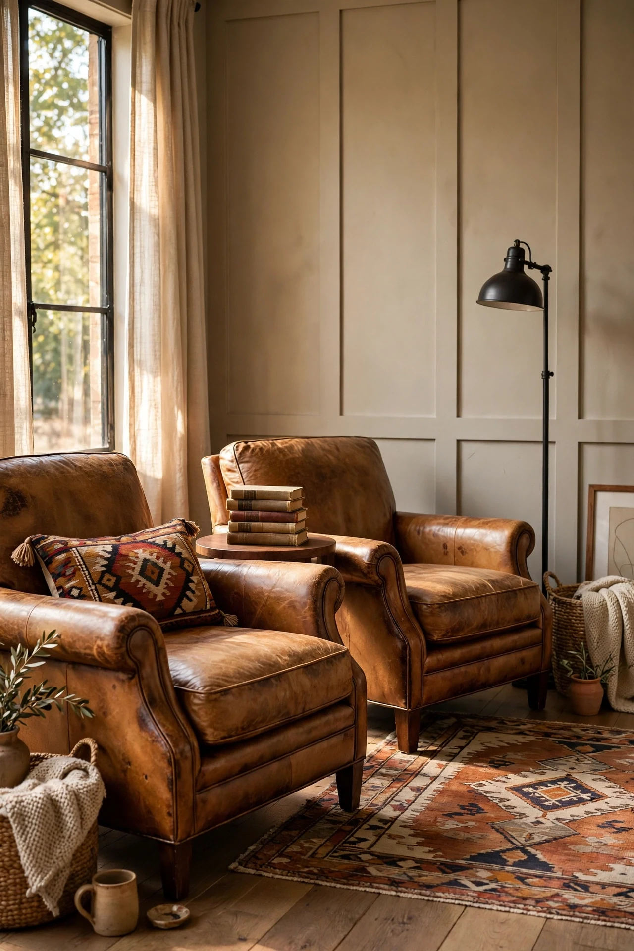 Camel leather armchairs with patina against a greige board-and-batten living room wall