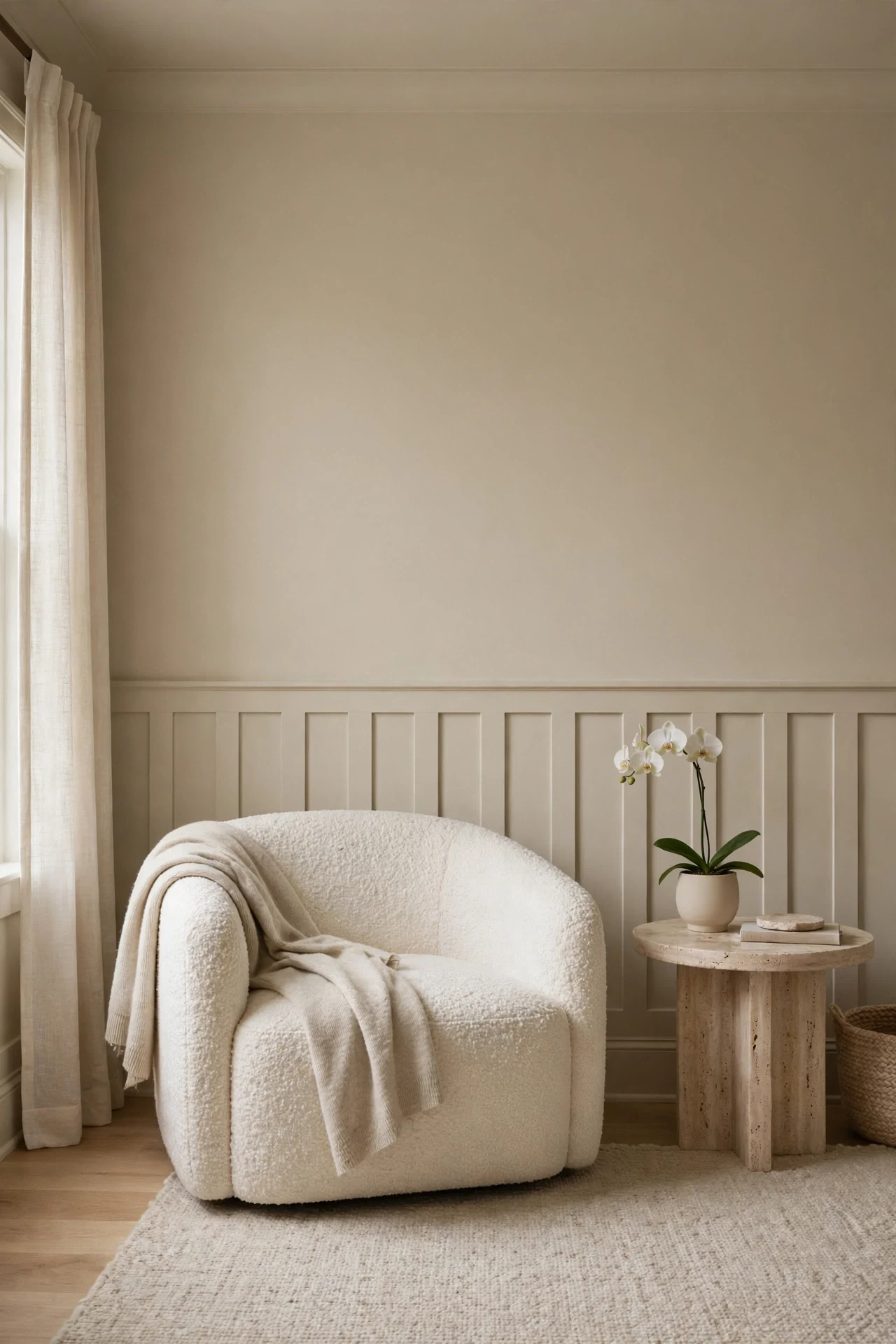 Tonal warm greige board-and-batten wainscoting with matching upper wall in a living room