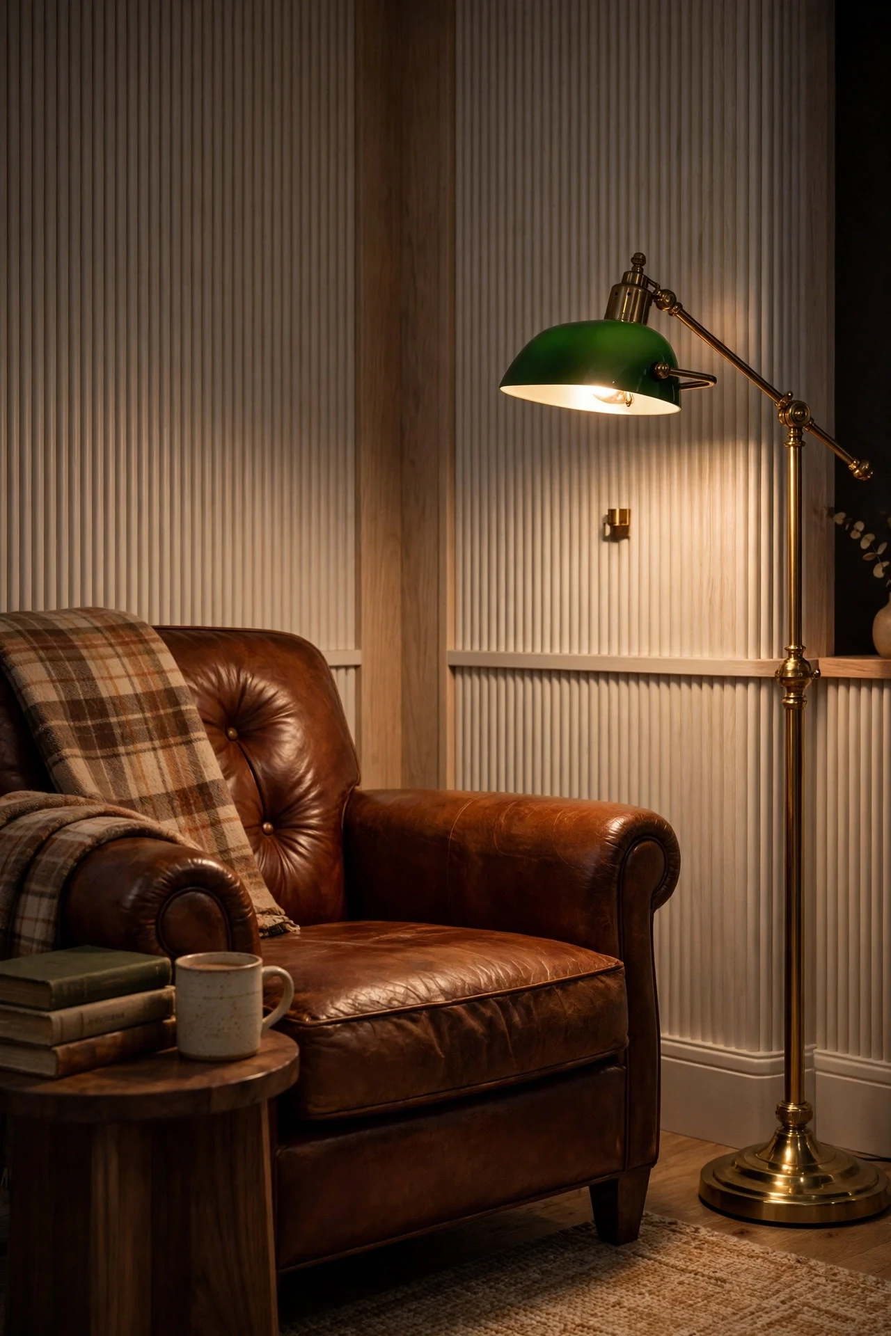 Reeded white oak paneling in a cozy living room reading corner with leather chair