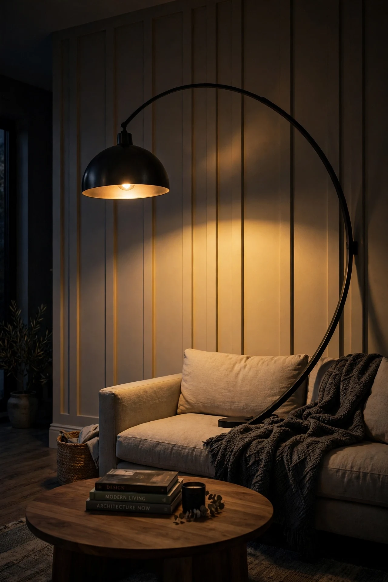 Black arc floor lamp pooling warm light on a greige board-and-batten living room wall