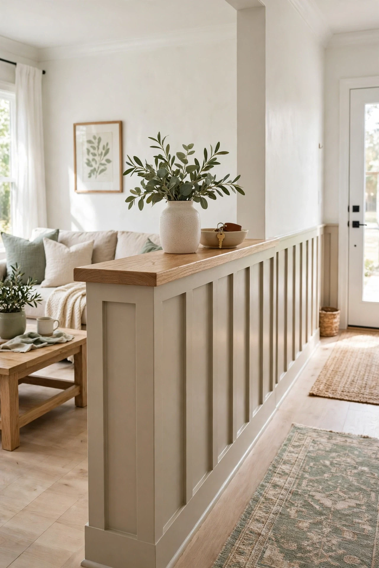 Double-sided wainscoted half-wall dividing a living room from the entry hall