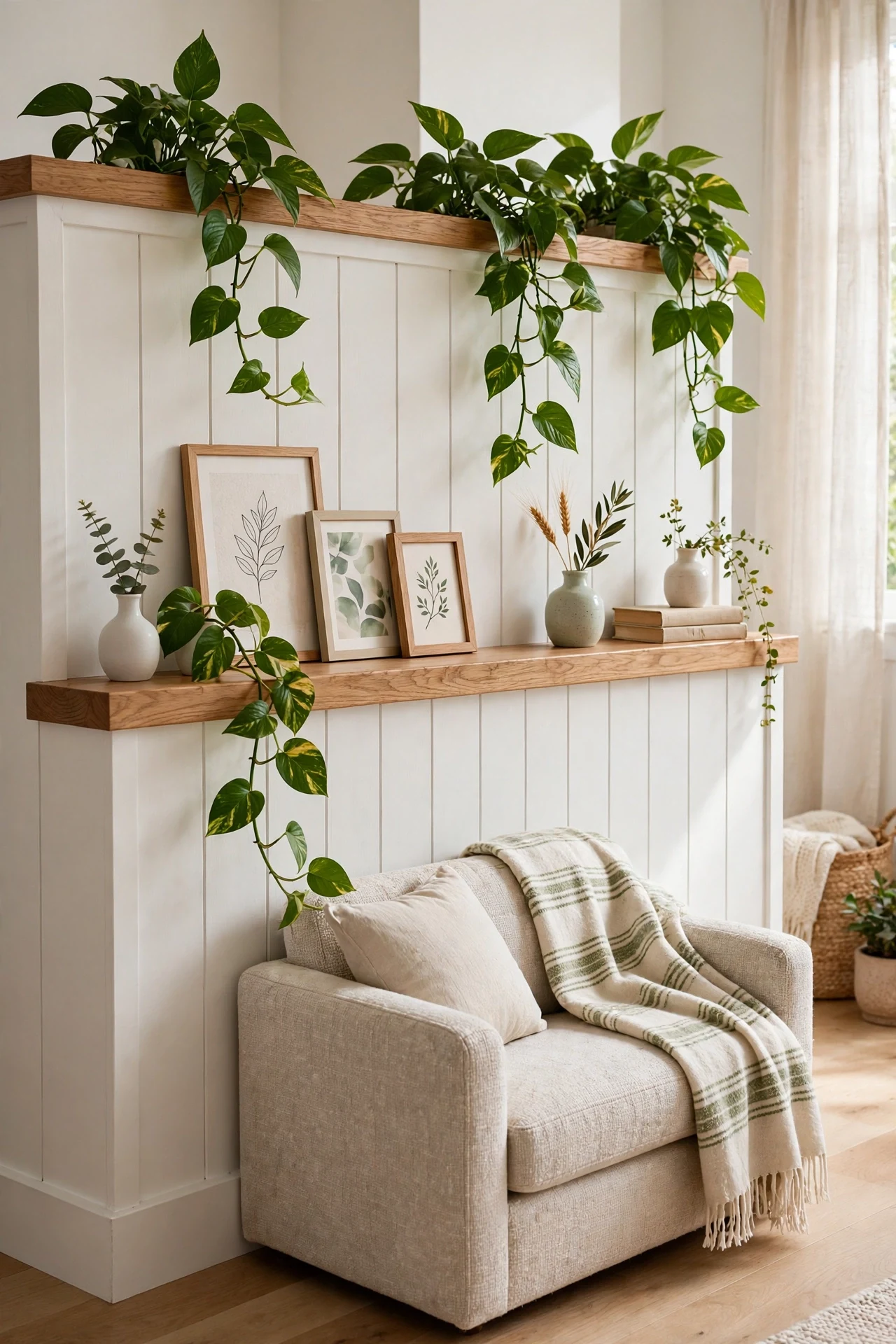 Soft-white shiplap half-wall with oak display ledge in a small living room