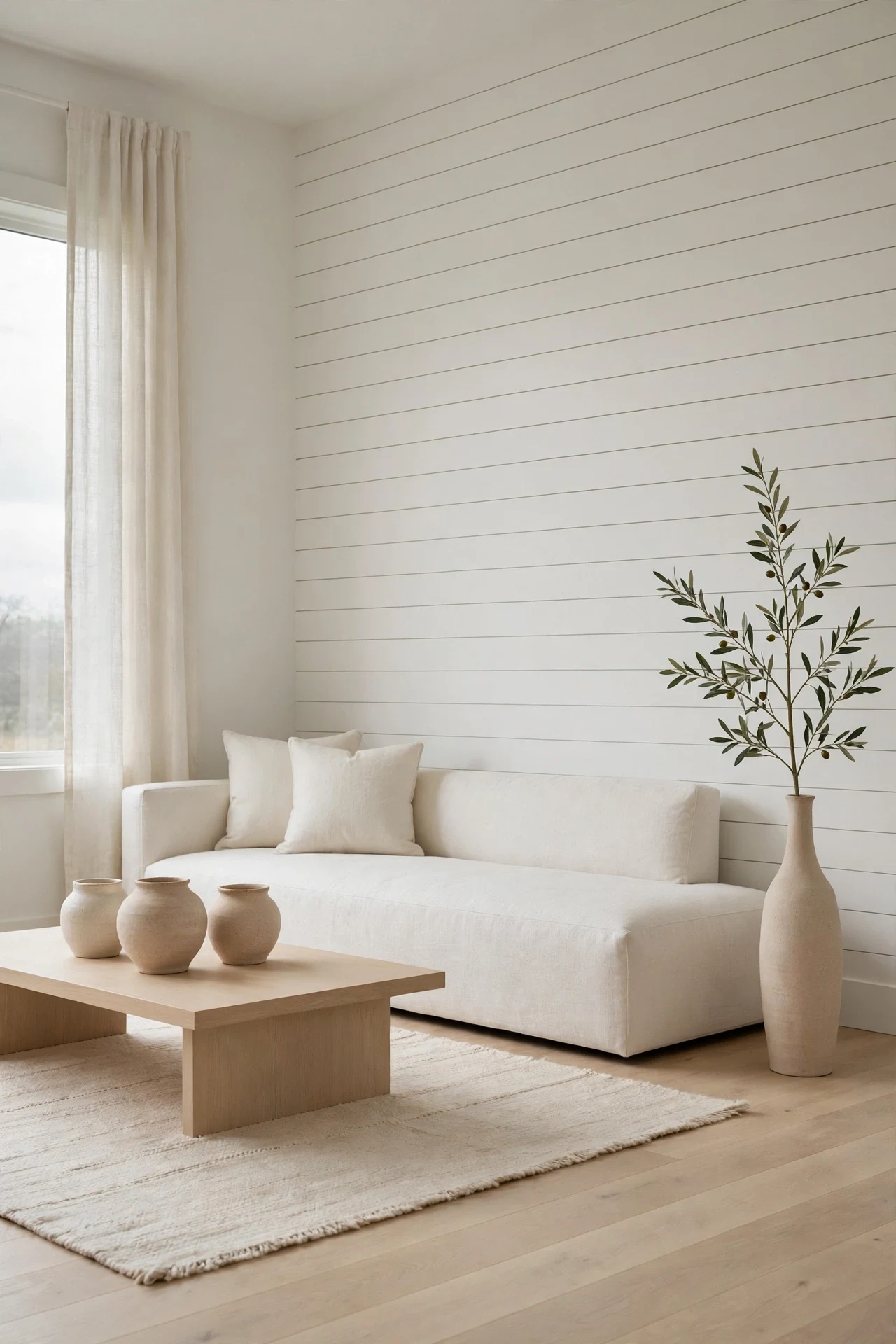 Soft-white horizontal shiplap living room walls with warm neutral furnishings