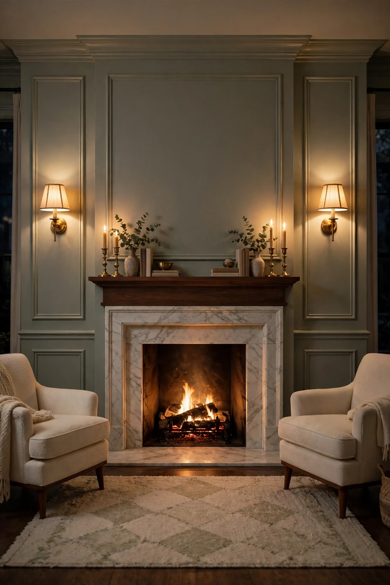 Brass sconces washing sage molding panels flanking a living room fireplace