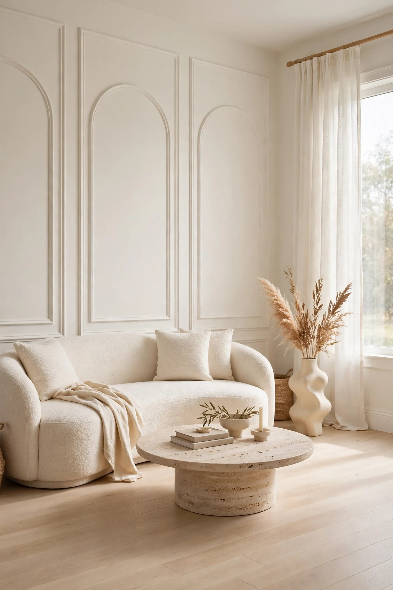 Curved boucle sofa against arched-top picture-frame molding in a living room