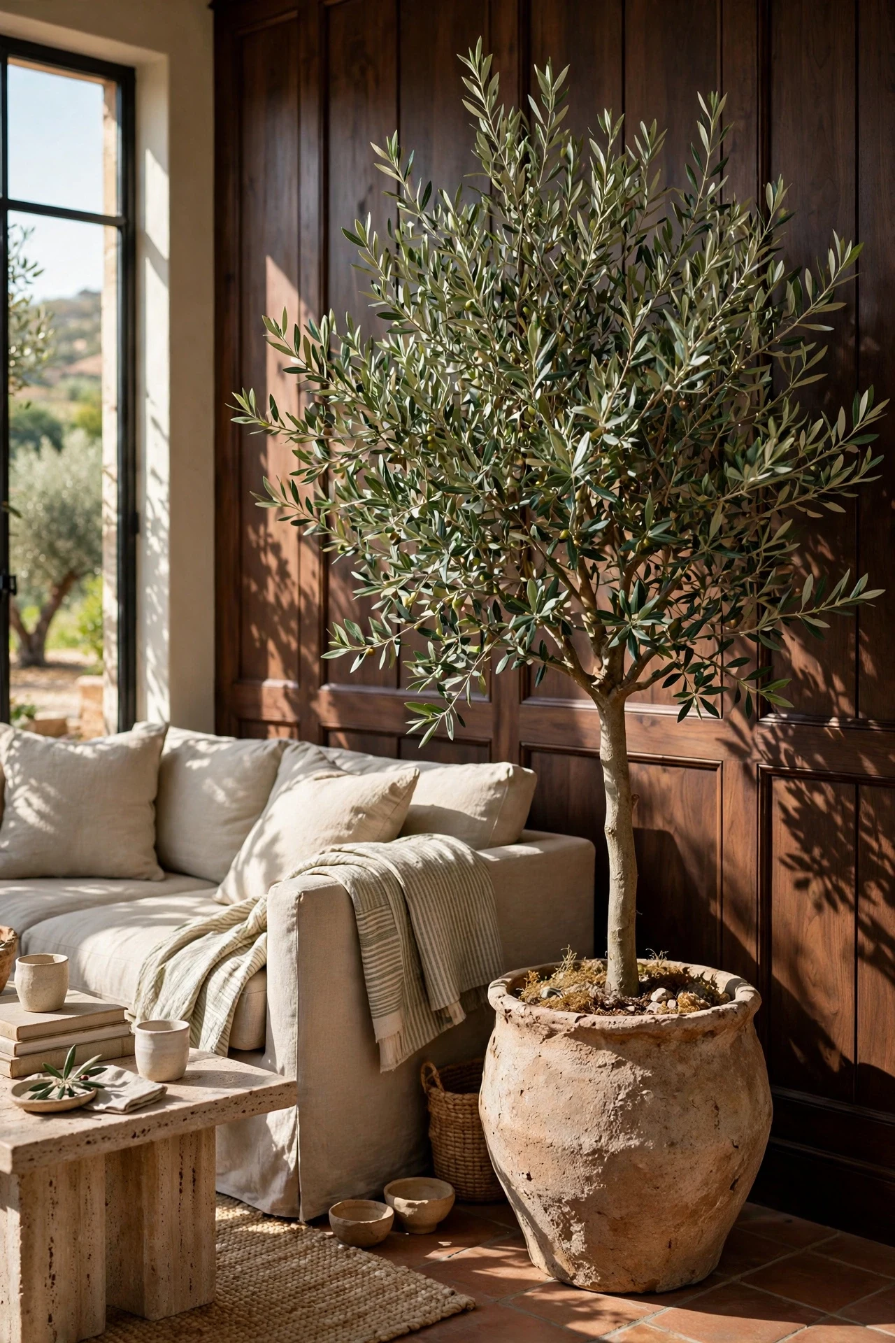 Olive tree in a ceramic pot against dark walnut board-and-batten living room wall