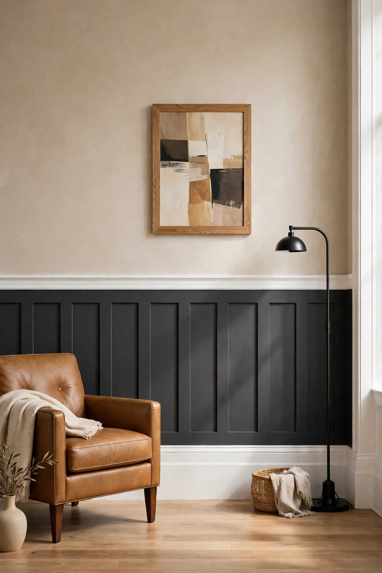 Two-tone wainscoting with charcoal battens below and greige wall above in a living room