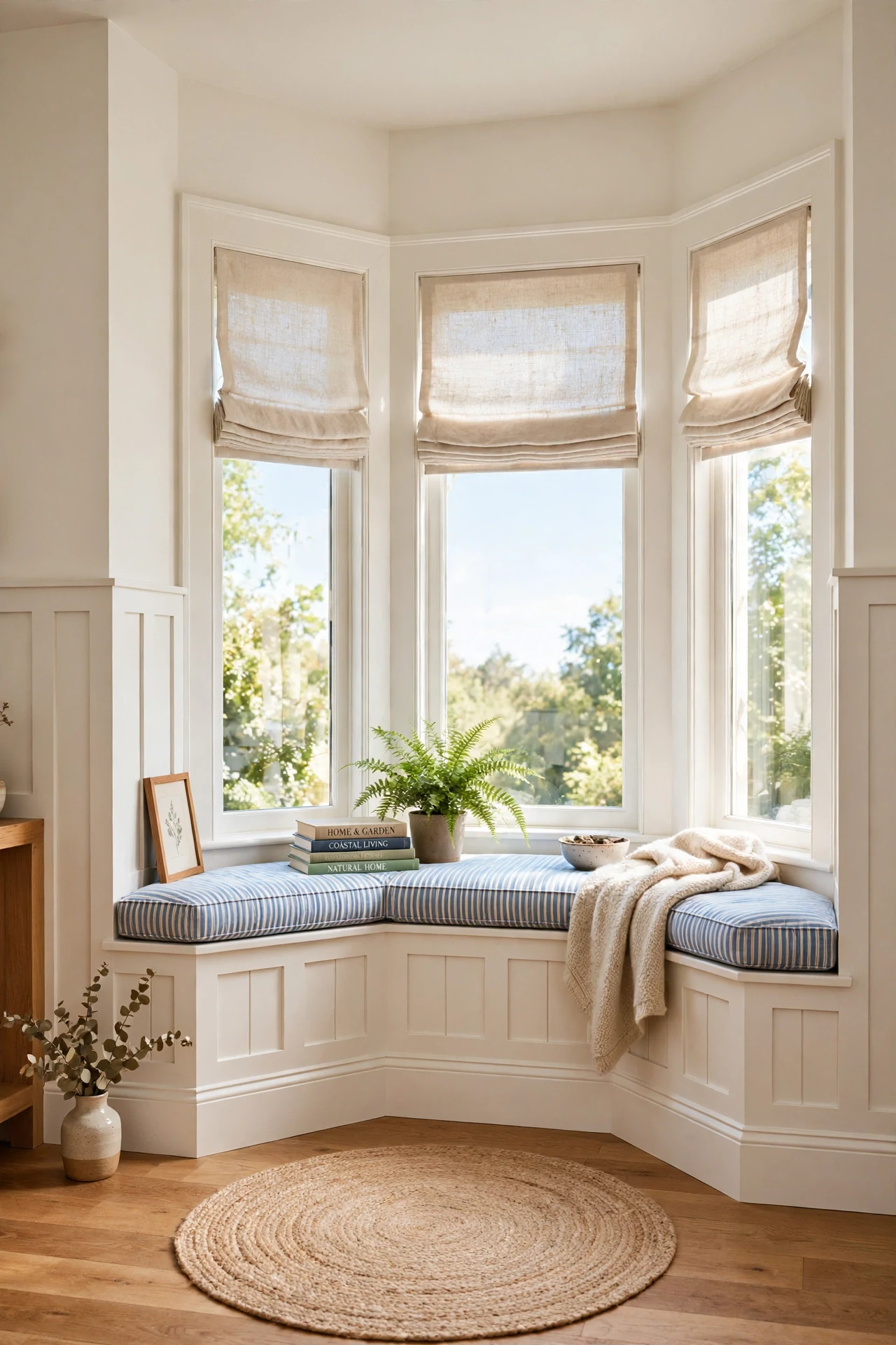 Board-and-batten wainscoting wrapping around a bright living room bay window