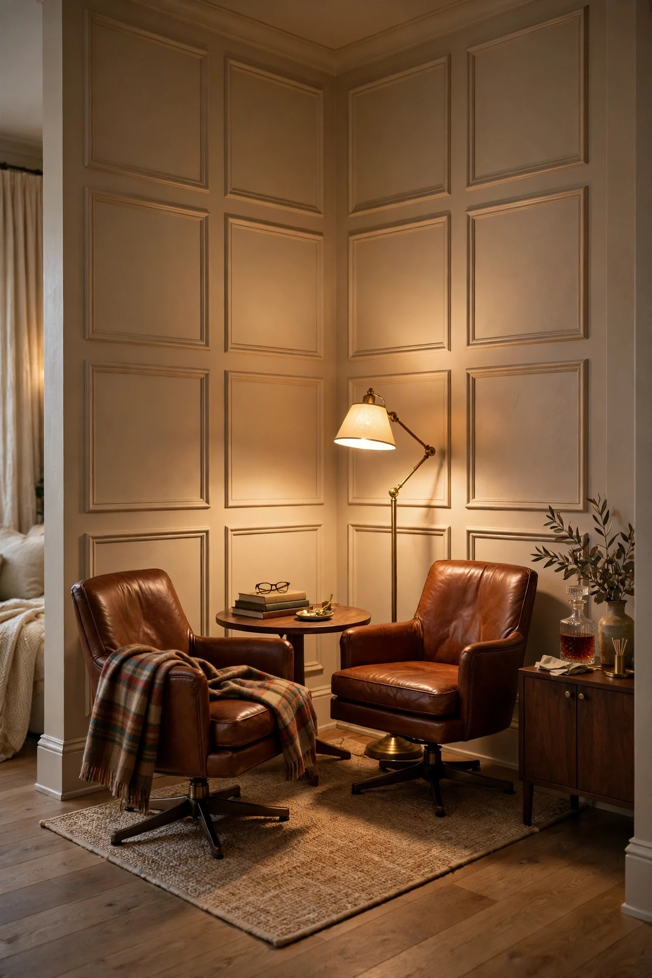 Swivel reading chairs in a greige picture-frame molding living room nook