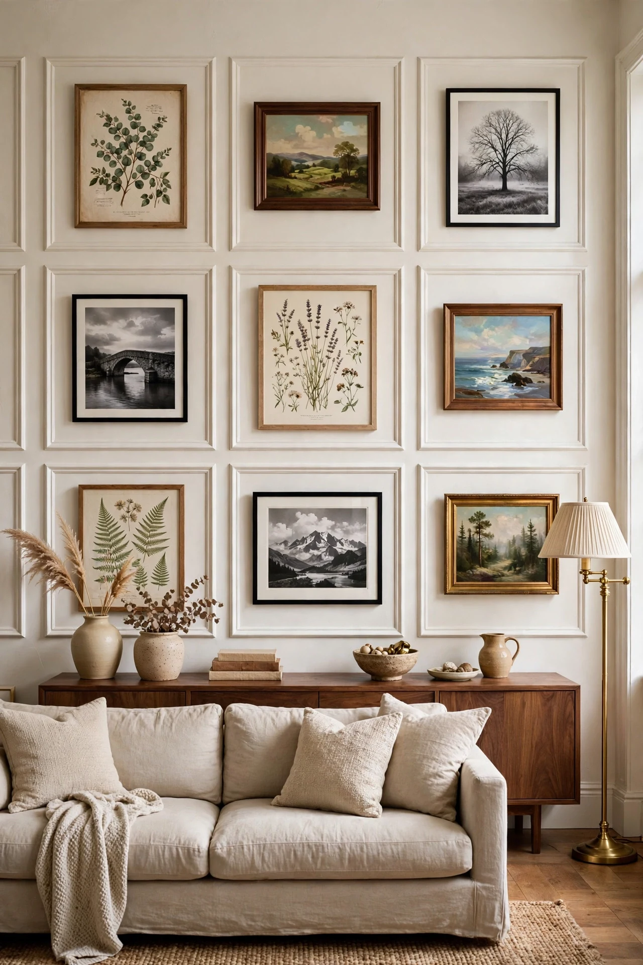Gallery wall with artwork hung inside a white molding grid in a living room