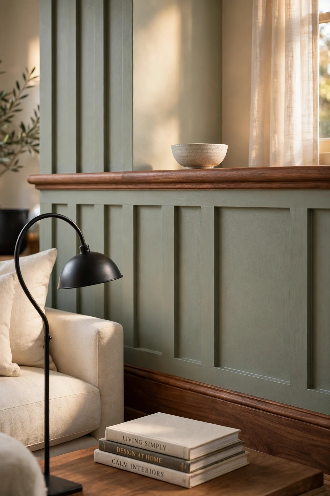 Muted sage board-and-batten wainscoting with warm walnut cap rail in a living room