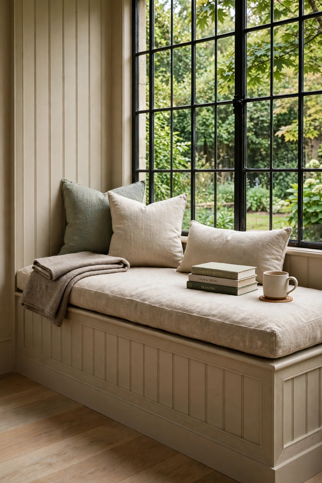 Built-in window seat wrapped in tonal greige board-and-batten in a living room