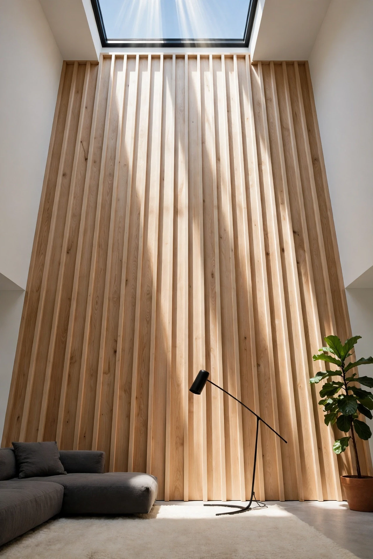 Rift-sawn white oak wainscoting rising to a skylight in a loft living room