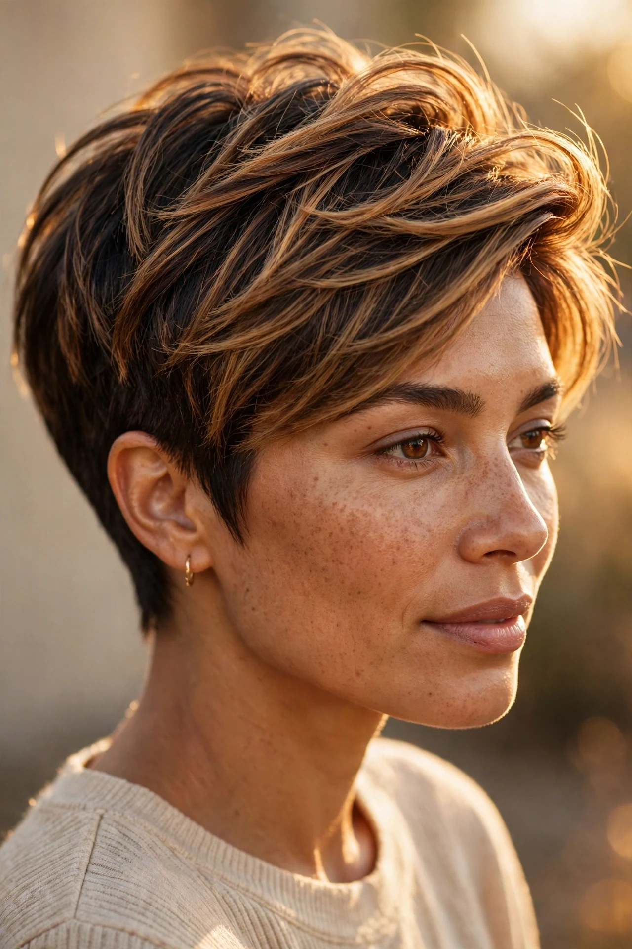 Balayage long pixie cut