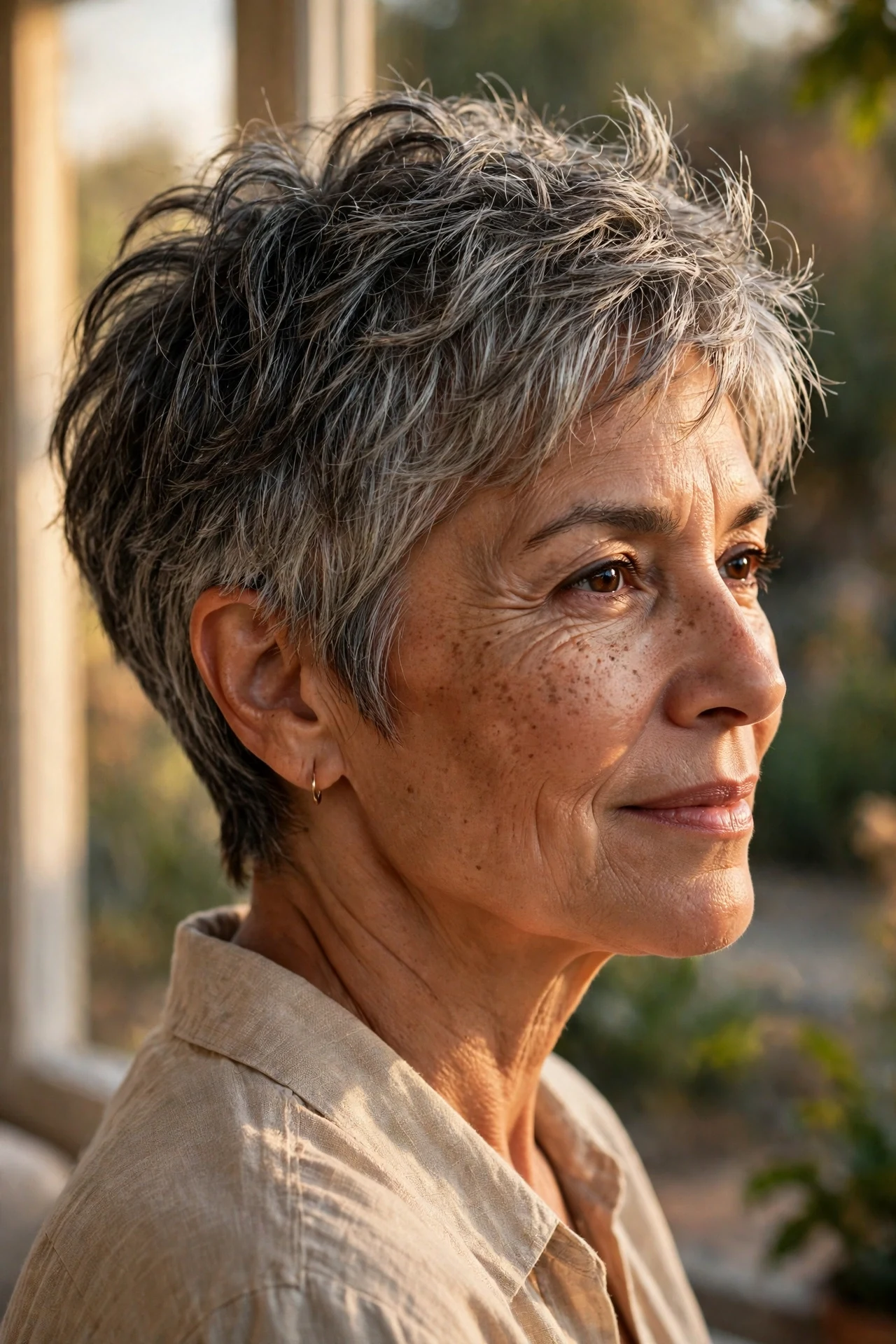 Long pixie with salt-and-pepper colour
