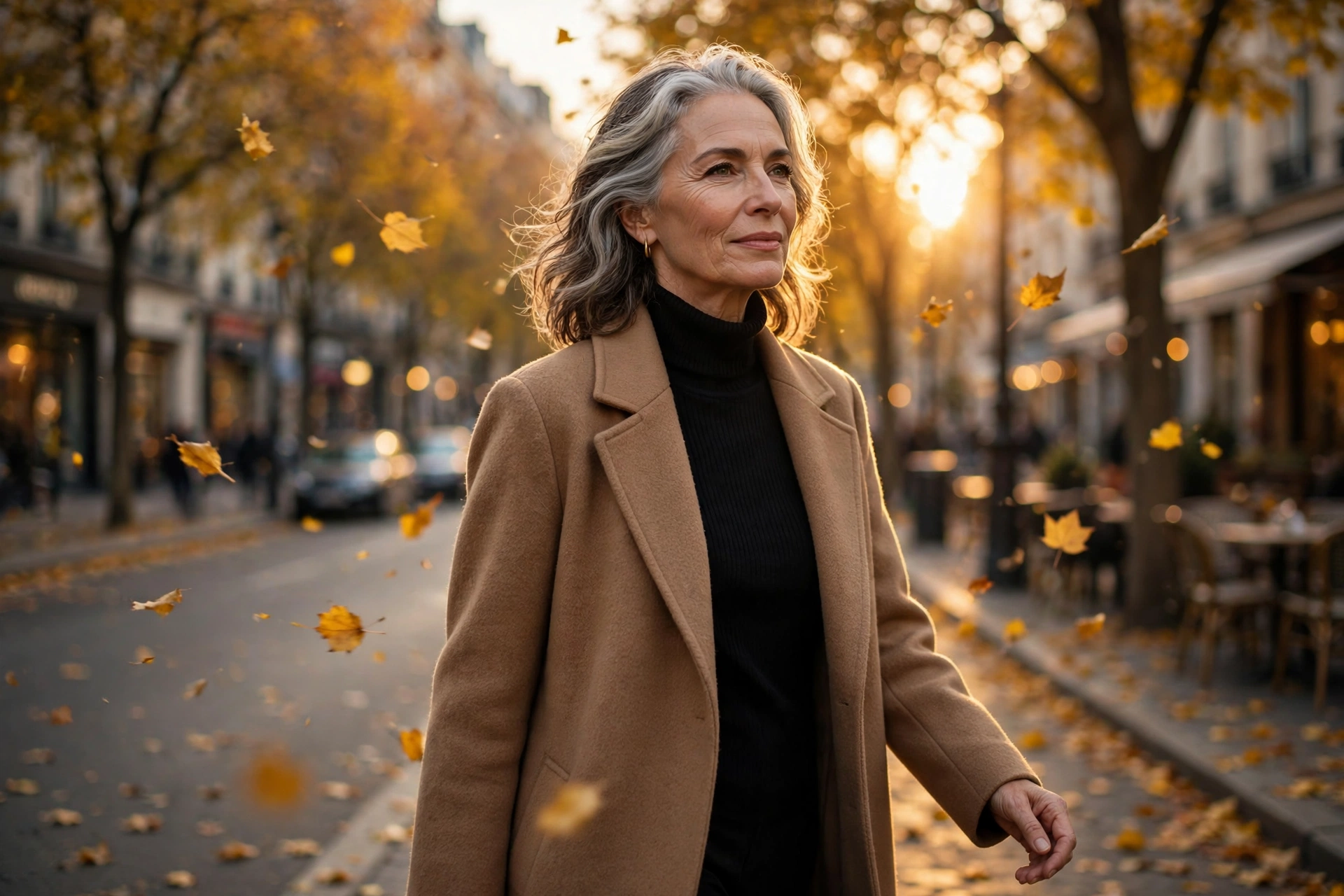 Woman over 50 in camel coat on an autumn avenue — Women's Bloom fashion.