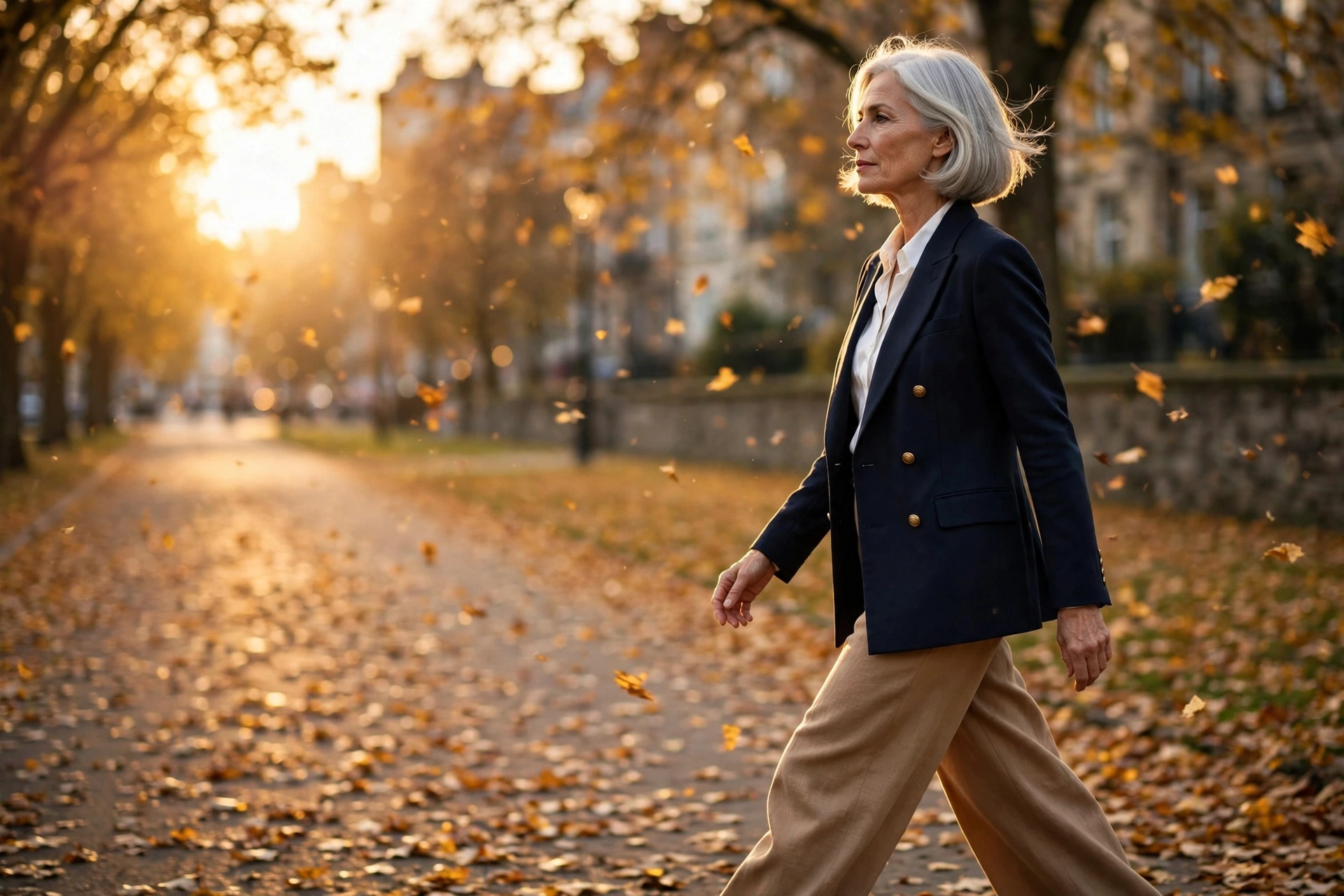 Woman over 50 in navy blazer and camel trousers on an autumn path — Women's Bloom fashion.