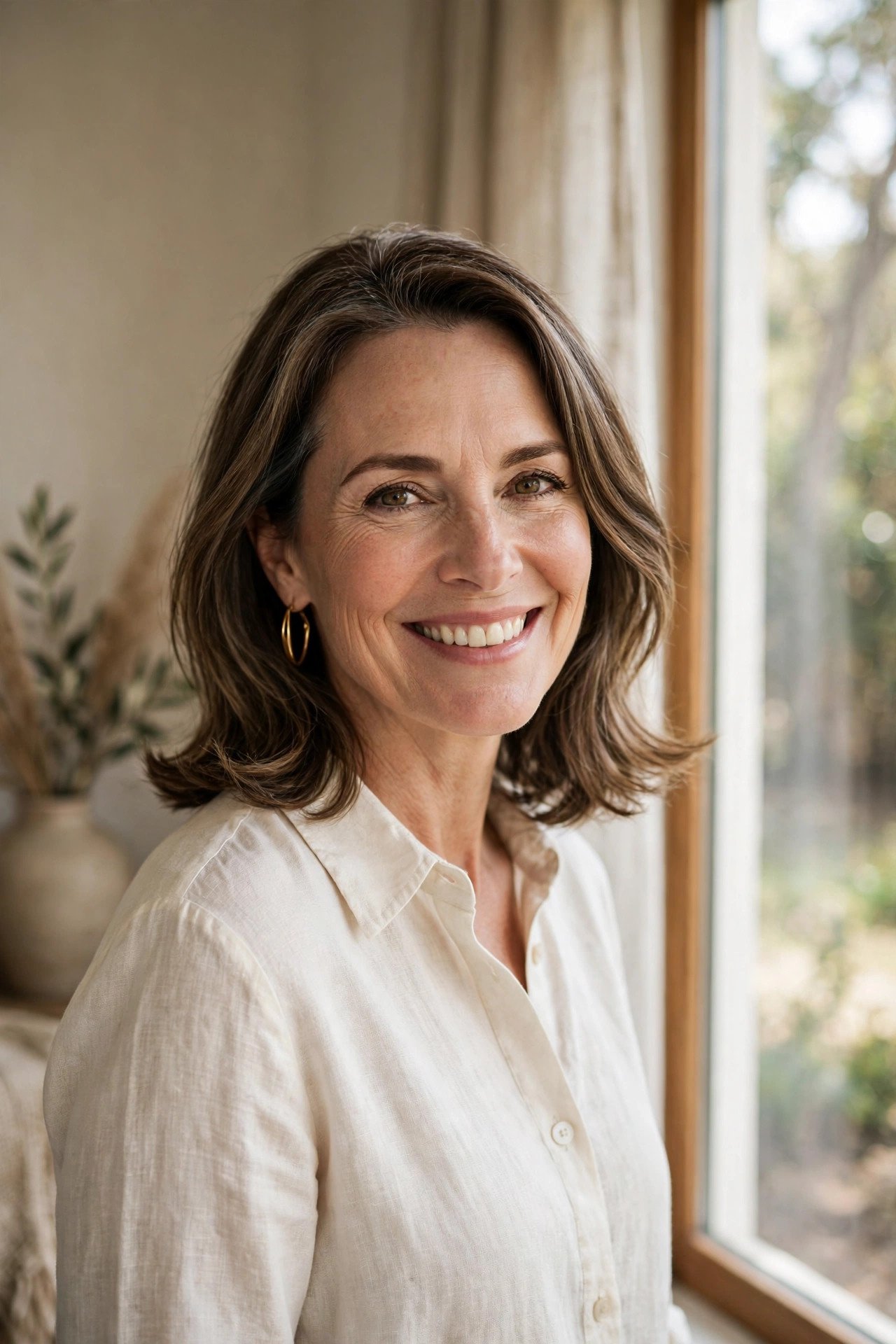 Smiling woman in a bright, warm editorial portrait