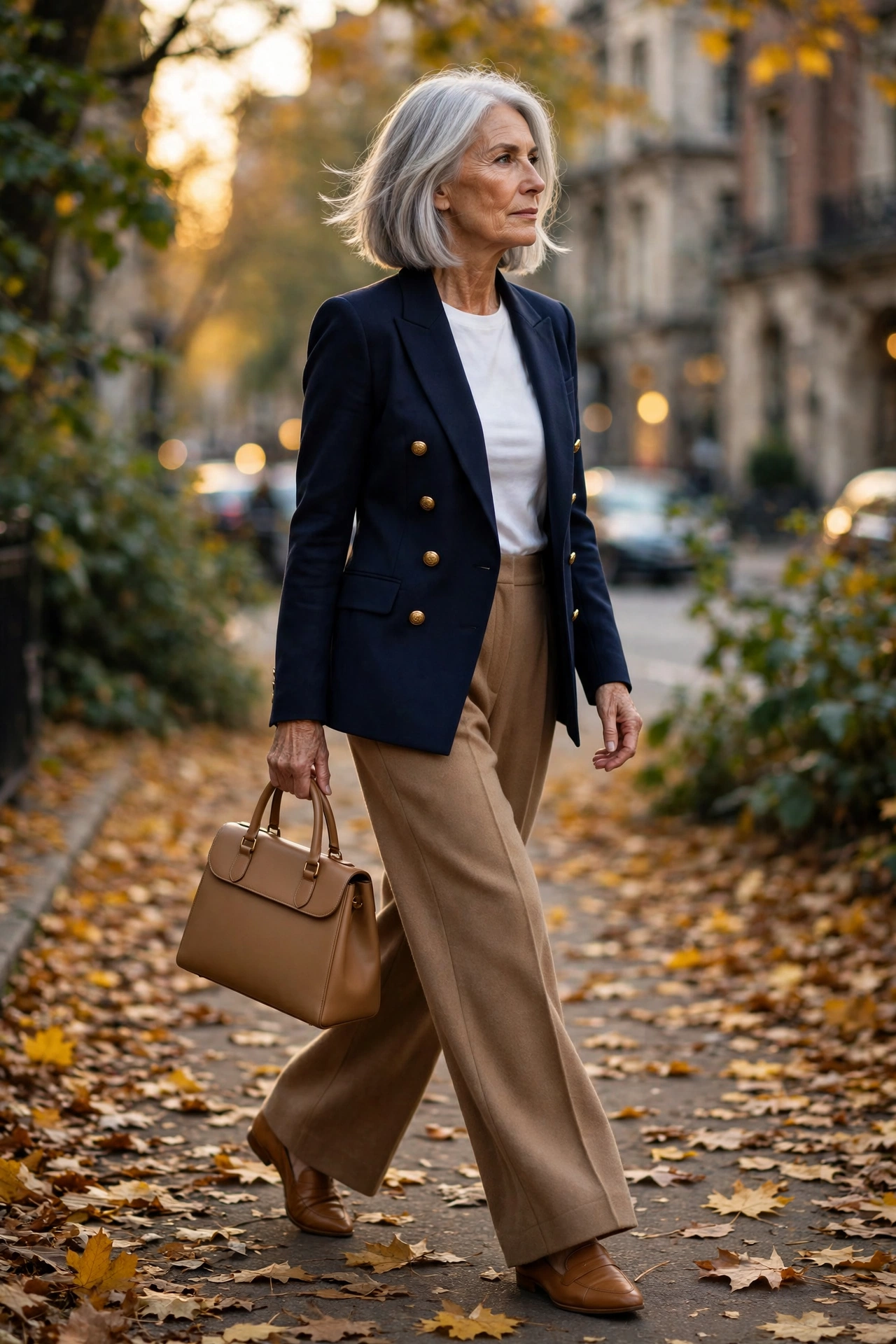 Woman over 50 in navy blazer and camel wide-leg trousers with tan loafers — chic autumn outfit.