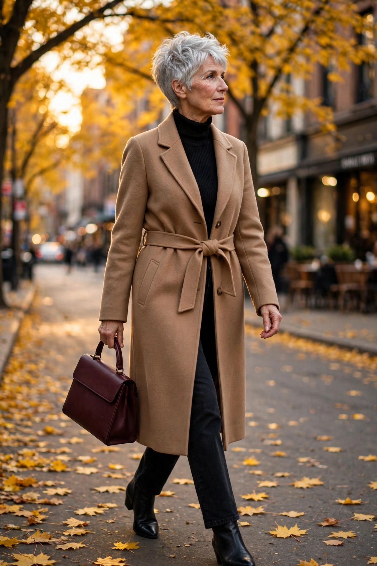 Woman over 50 with thick silver pixie cut in camel longline coat and black jeans — autumn street style.