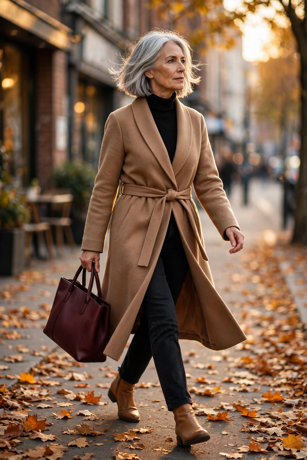 Woman over 50 with silver bob wearing camel wrap coat and straight black jeans with tan ankle boots.
