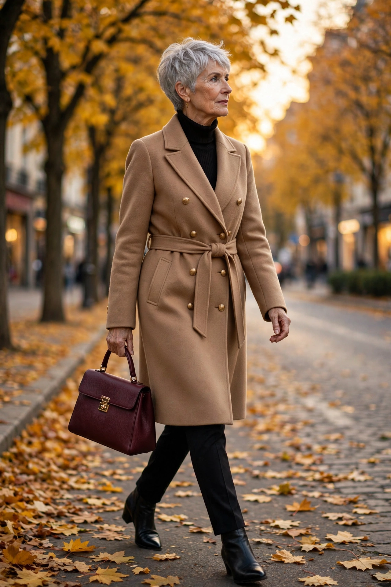 Woman over 50 with silver pixie cut in camel coat and black slim trousers — polished autumn street style.