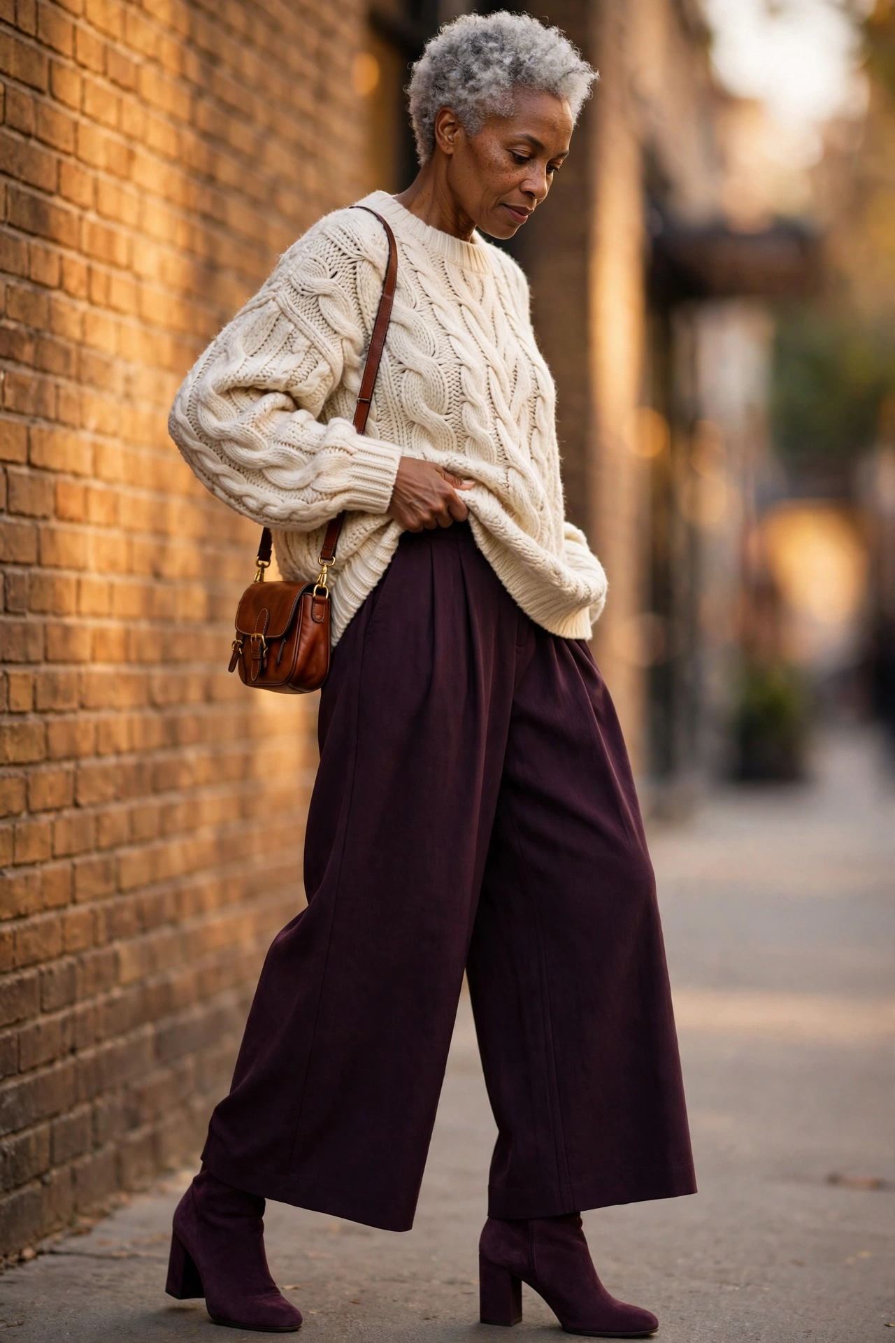 Stylish autumn outfit — woman over 50 in cream chunky knit and dark plum wide-leg trousers.
