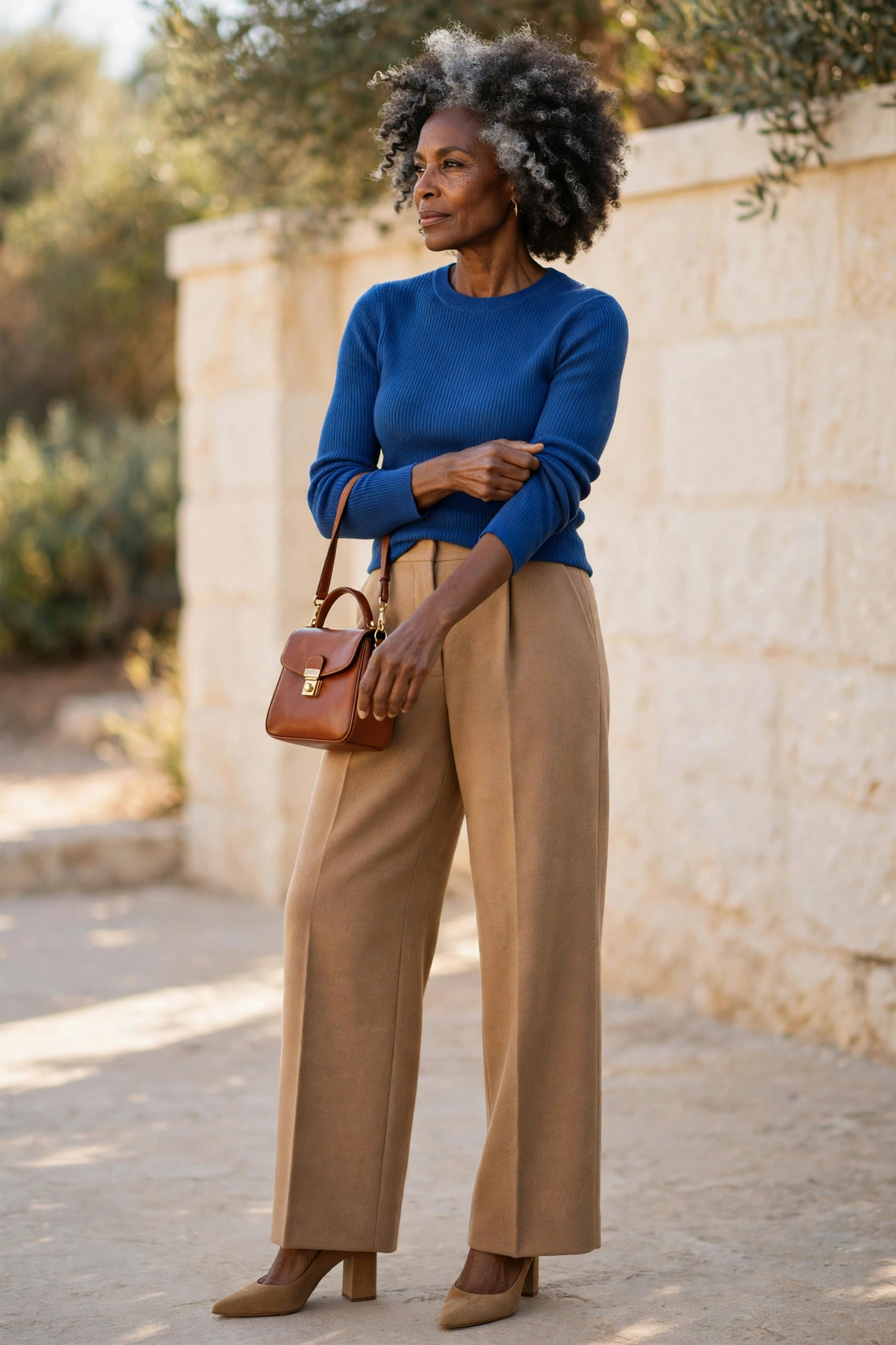 Bold polished outfit — woman over 50 in cobalt blue ribbed knit with camel wide-leg trousers and block heels.