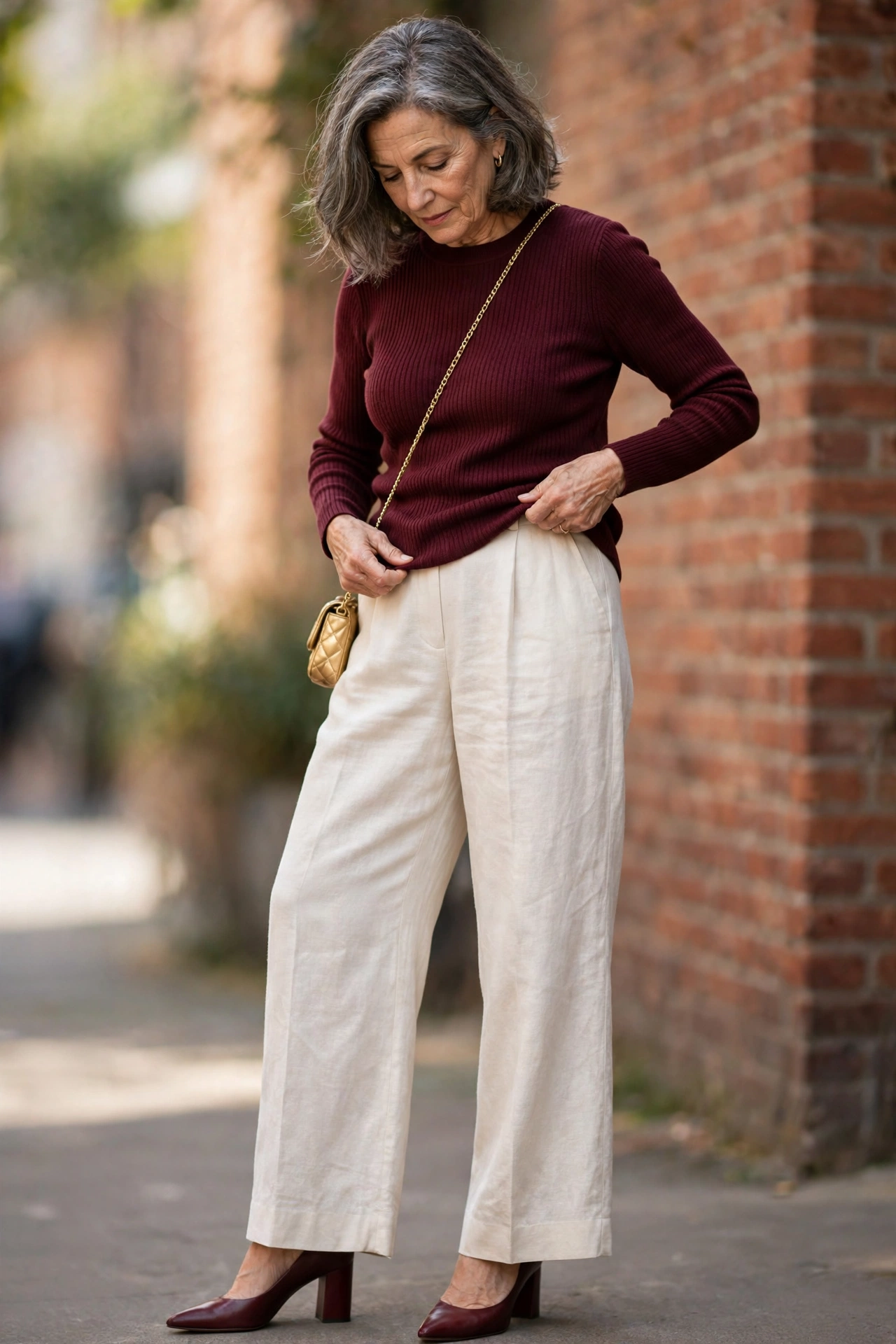 Woman over 50 in burgundy knit tucked into wide-leg cream trousers with matching block-heel pumps.