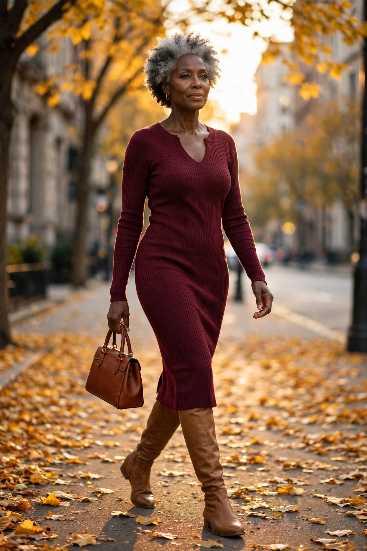 Chic autumn outfit — woman over 50 in burgundy ribbed knit dress with tan over-the-knee flat boots.