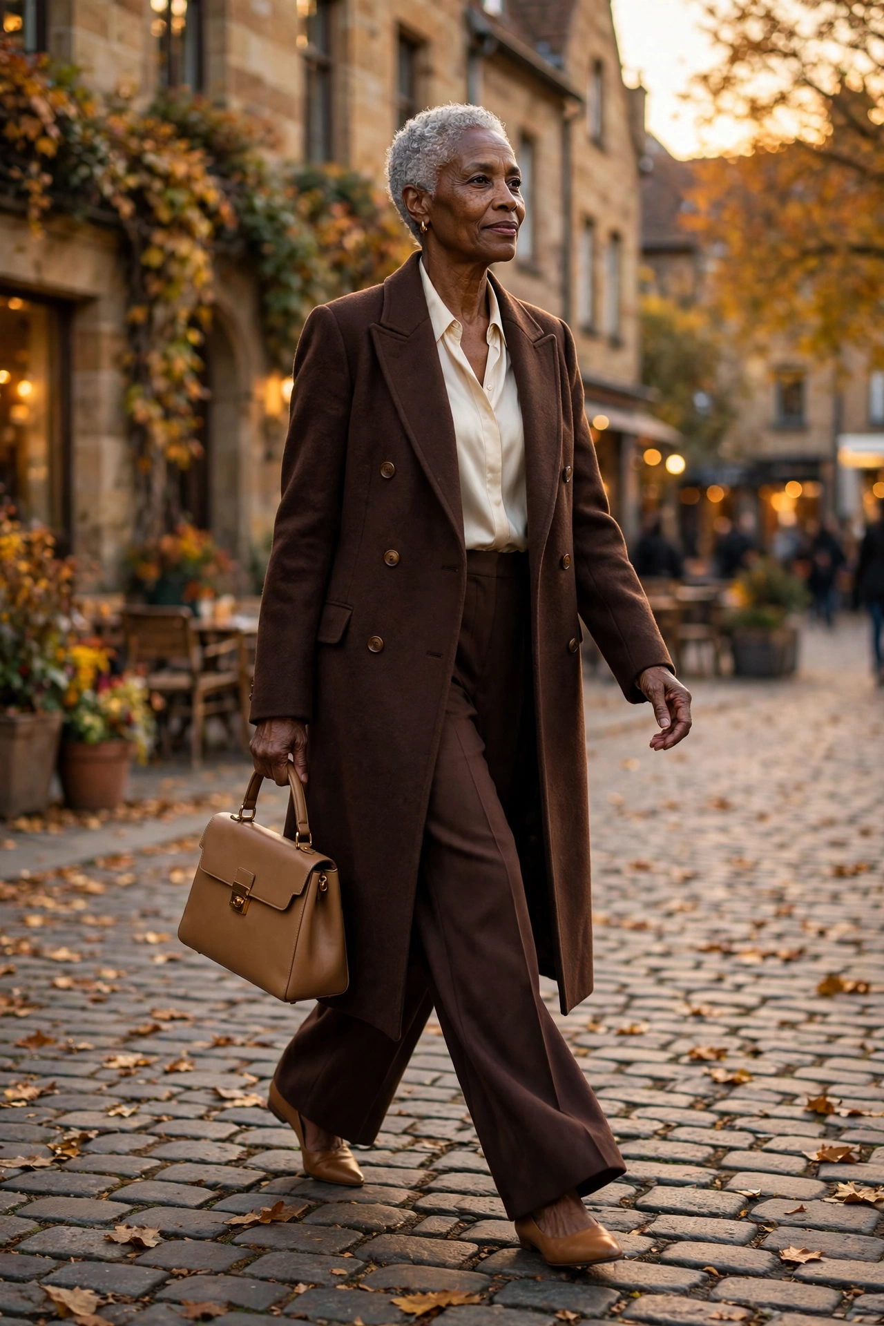 Woman over 50 in tonal chocolate brown coat and wide-leg trousers with tan accessories.