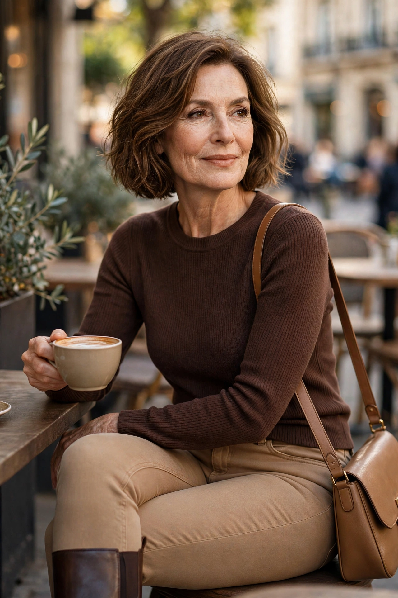 Casual outfit for women over 50 — chocolate brown knit, camel straight jeans, and Chelsea boots at a café.