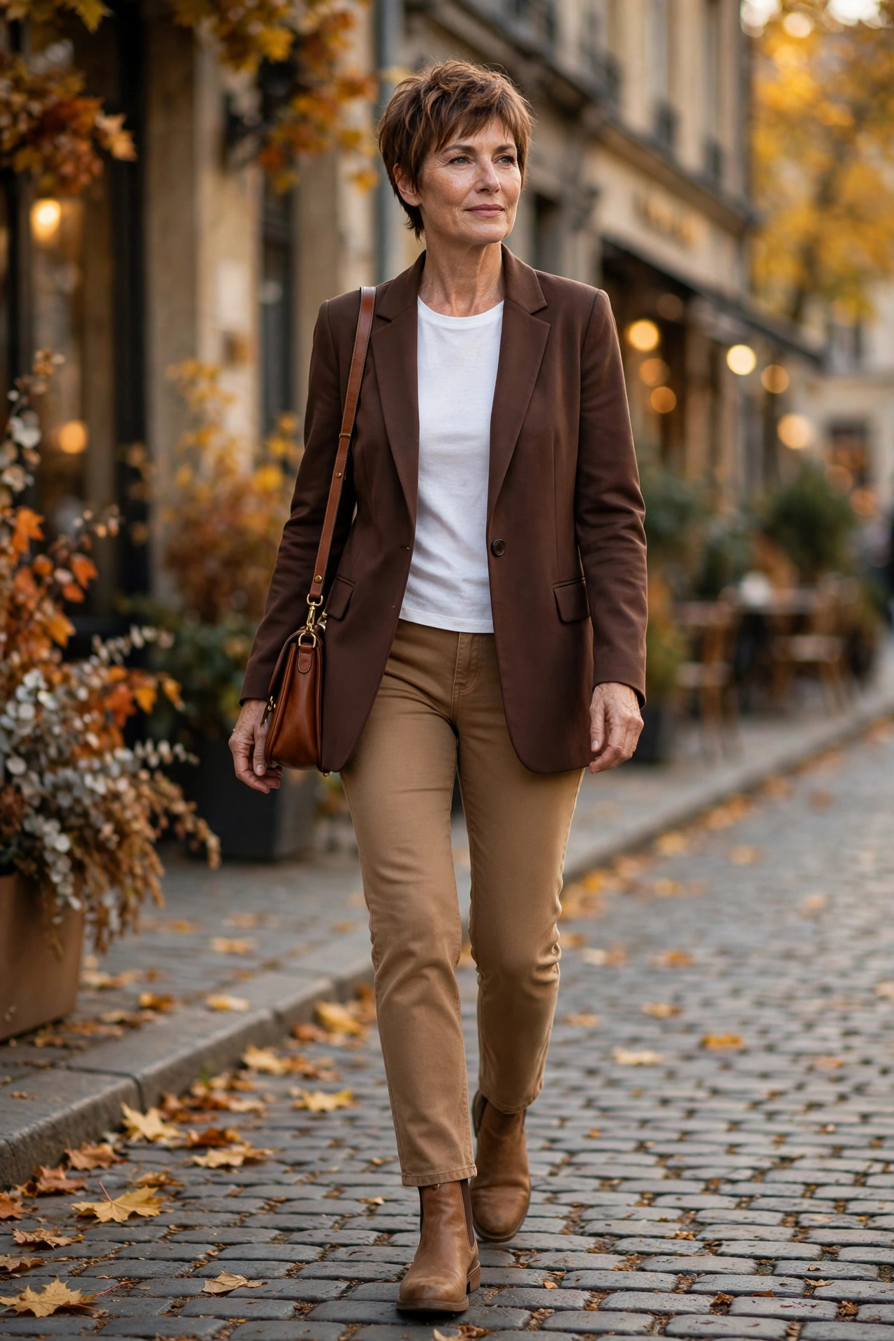 Warm-toned casual outfit — woman over 50 in chocolate longline blazer with camel jeans and tan Chelsea boots.