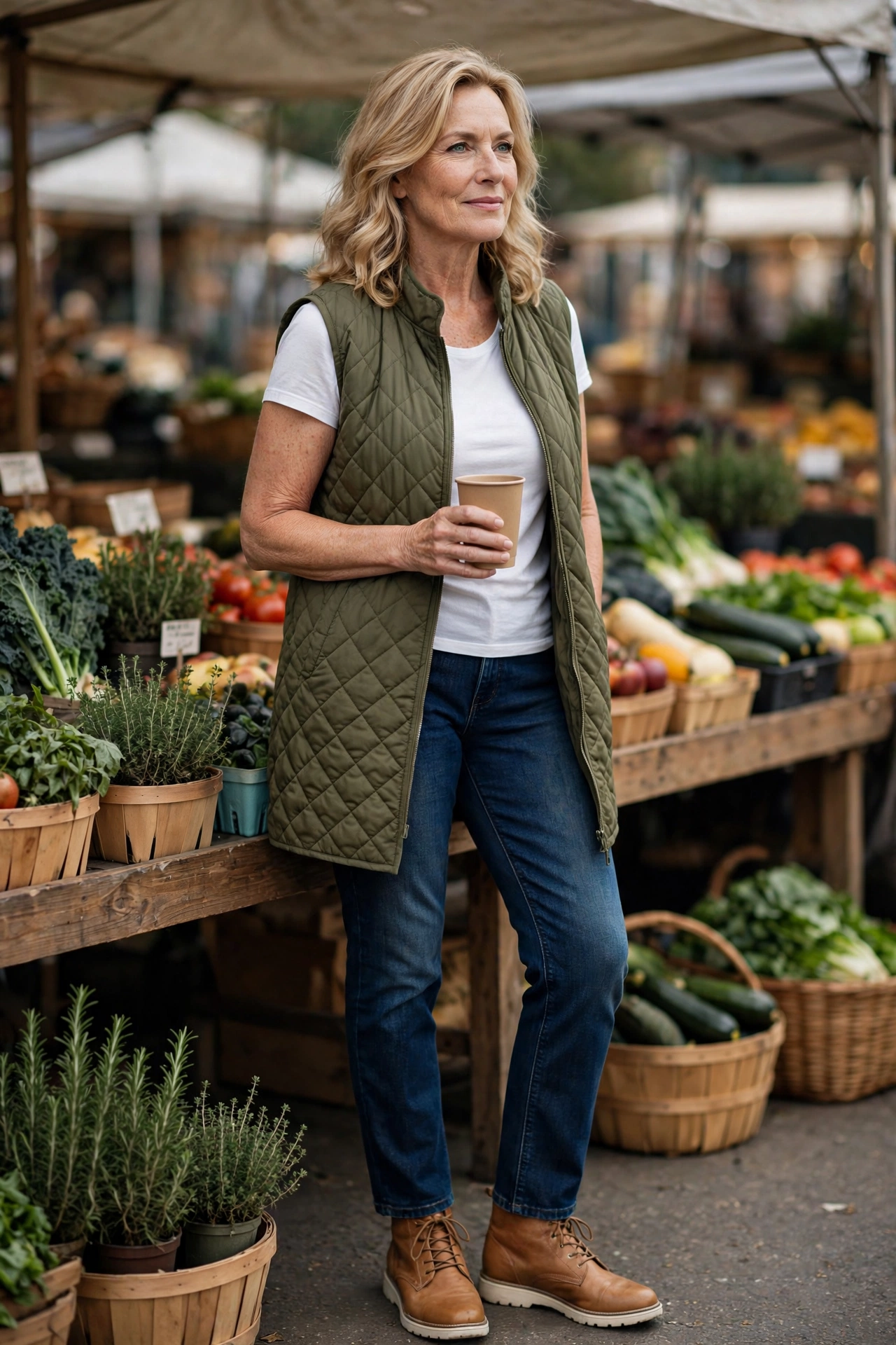 Casual outfit for women over 50 — olive quilted vest, dark jeans, and tan ankle boots at a market.