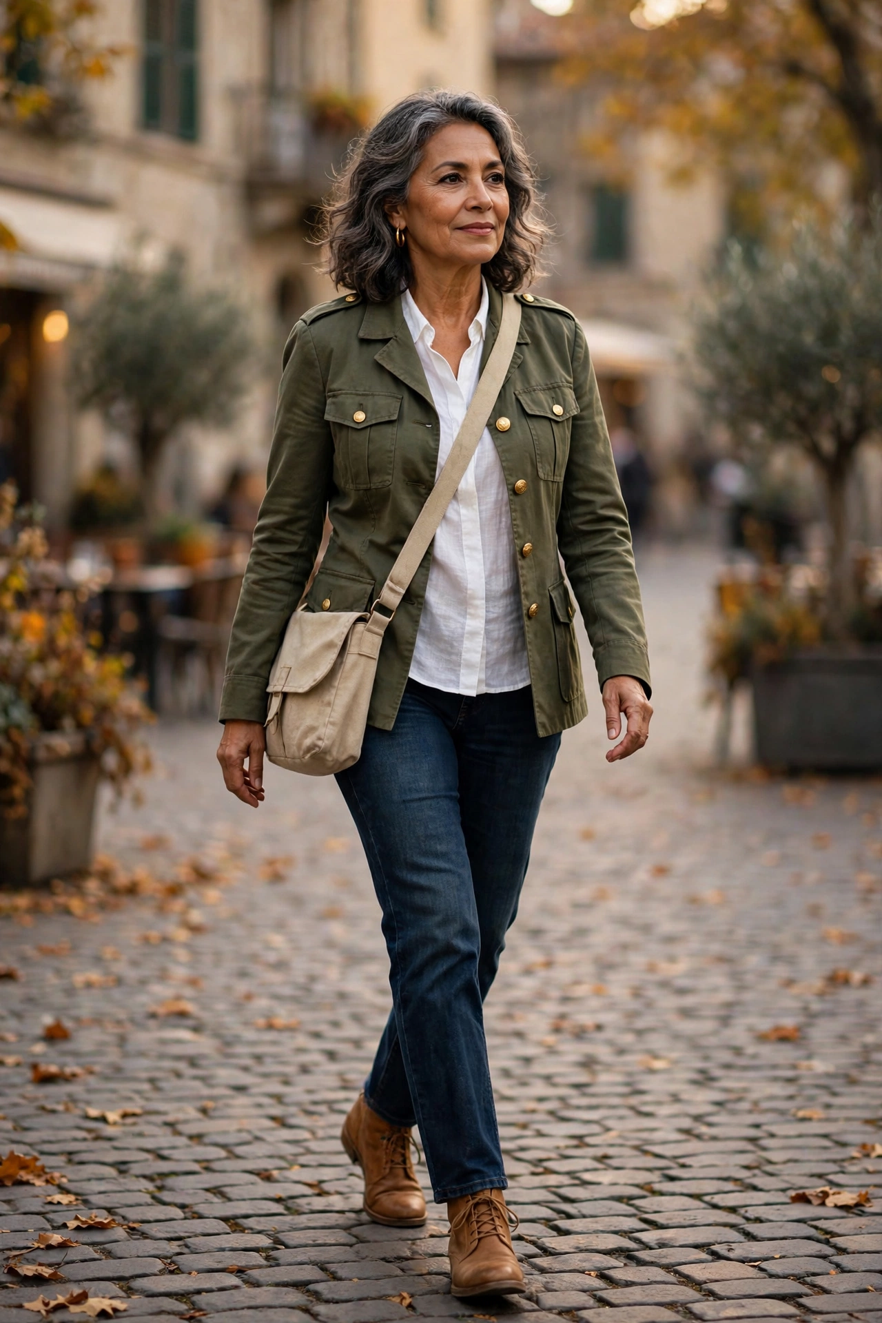 Woman over 50 in olive military jacket, dark indigo jeans, and tan lace-up boots — casual autumn look.