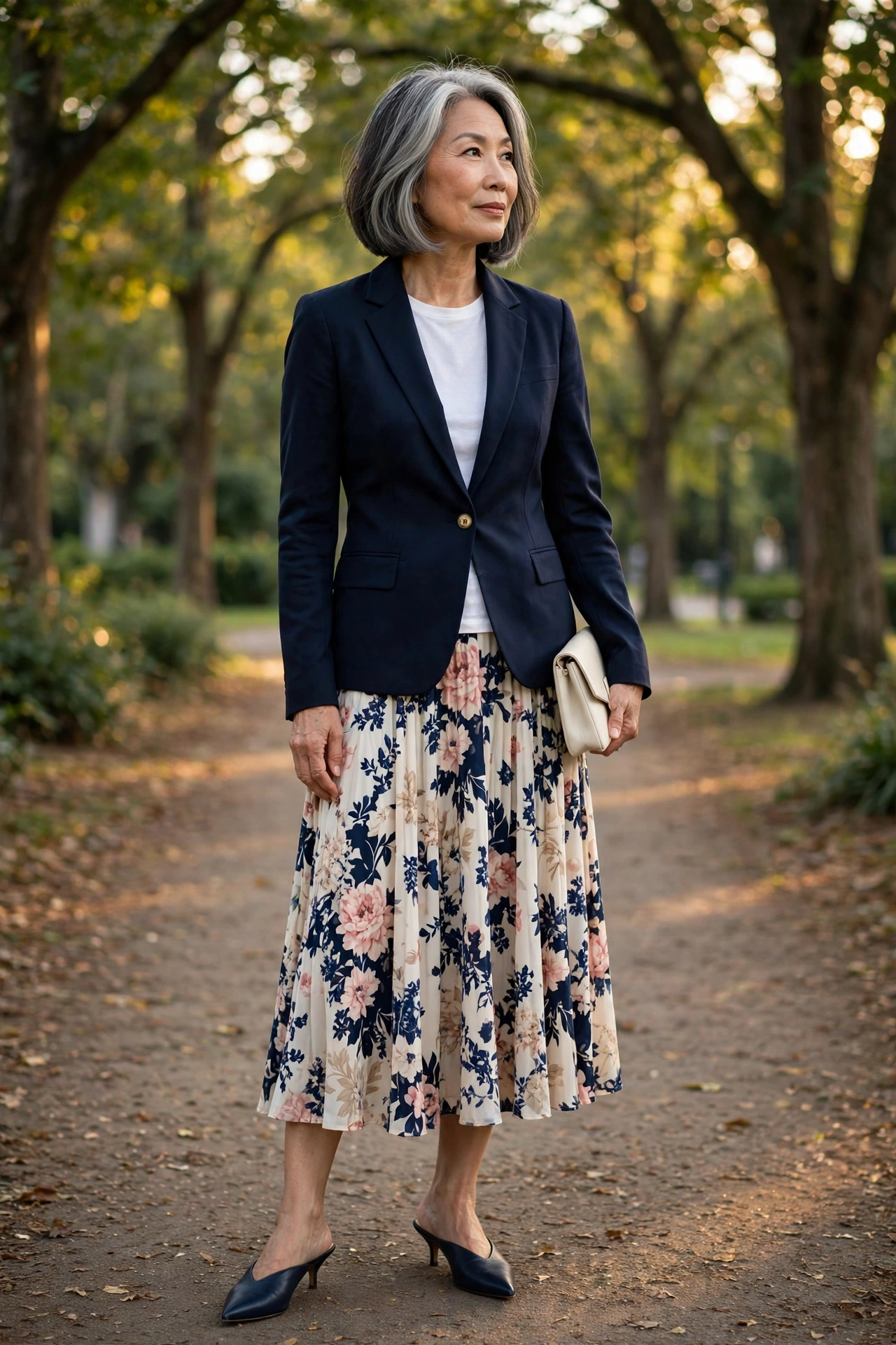 Woman over 50 wearing navy blazer with floral midi skirt and navy kitten mules.