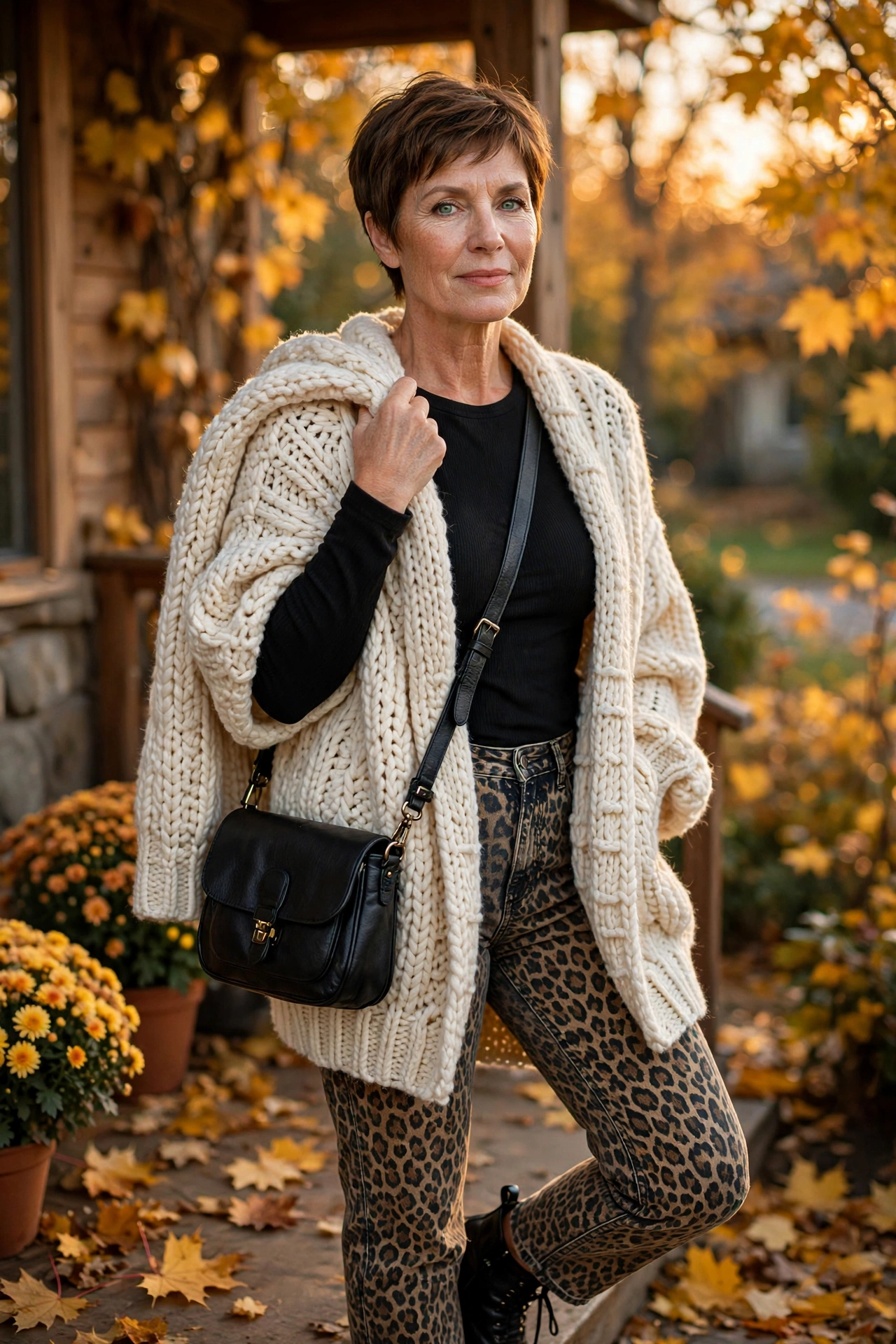 Woman over 50 in cream chunky cardigan and leopard-print jeans with black ankle boots.