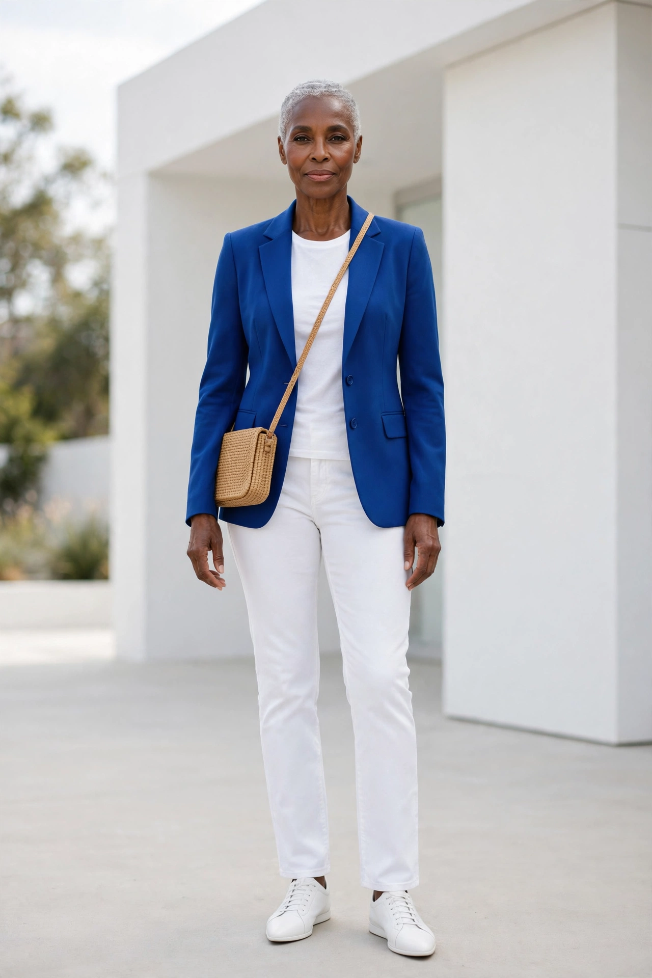 Bold casual outfit — woman over 50 in cobalt blue blazer with white jeans and white trainers.