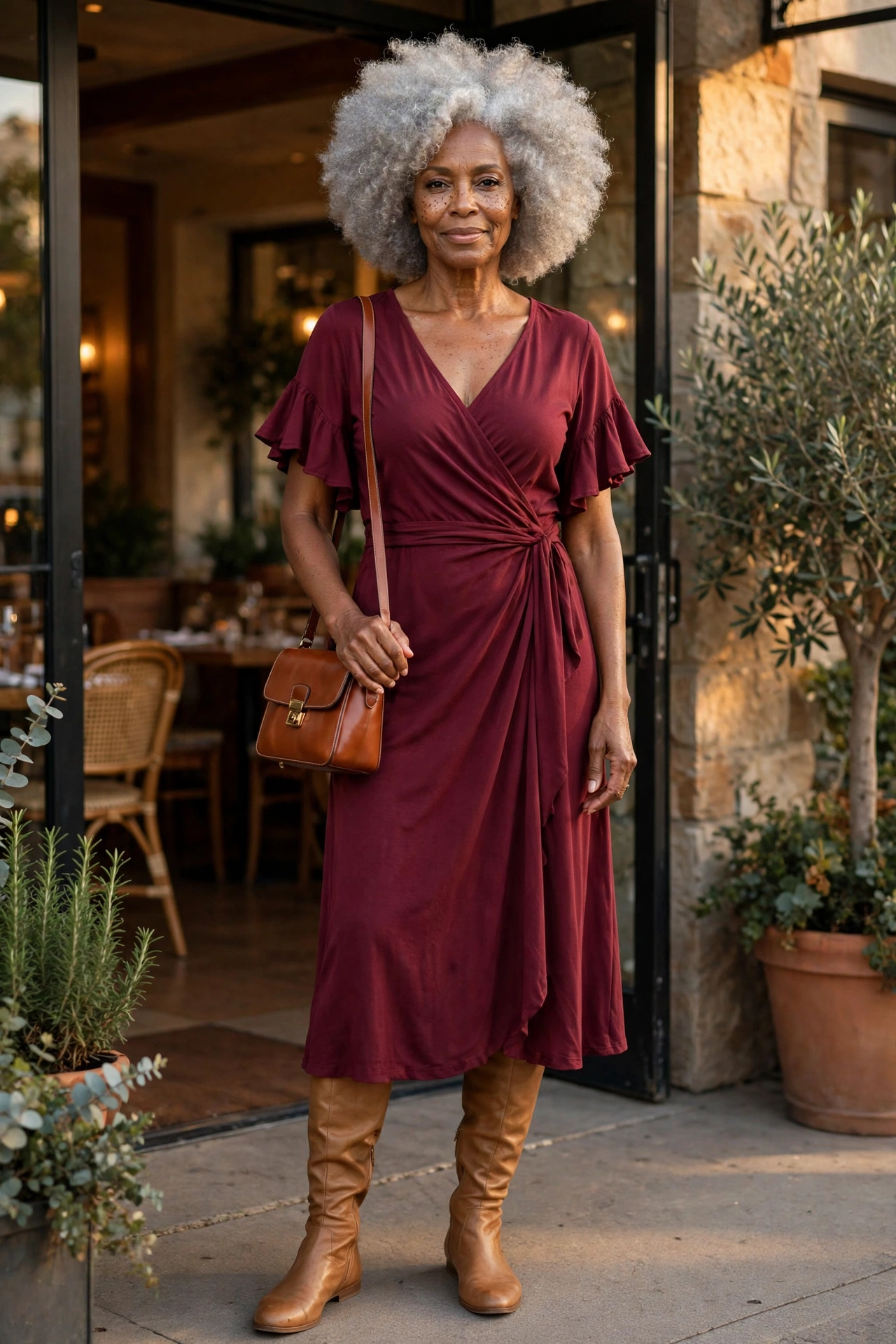 Elegant casual outfit — woman over 50 in burgundy wrap midi dress with tan flat over-the-knee boots.