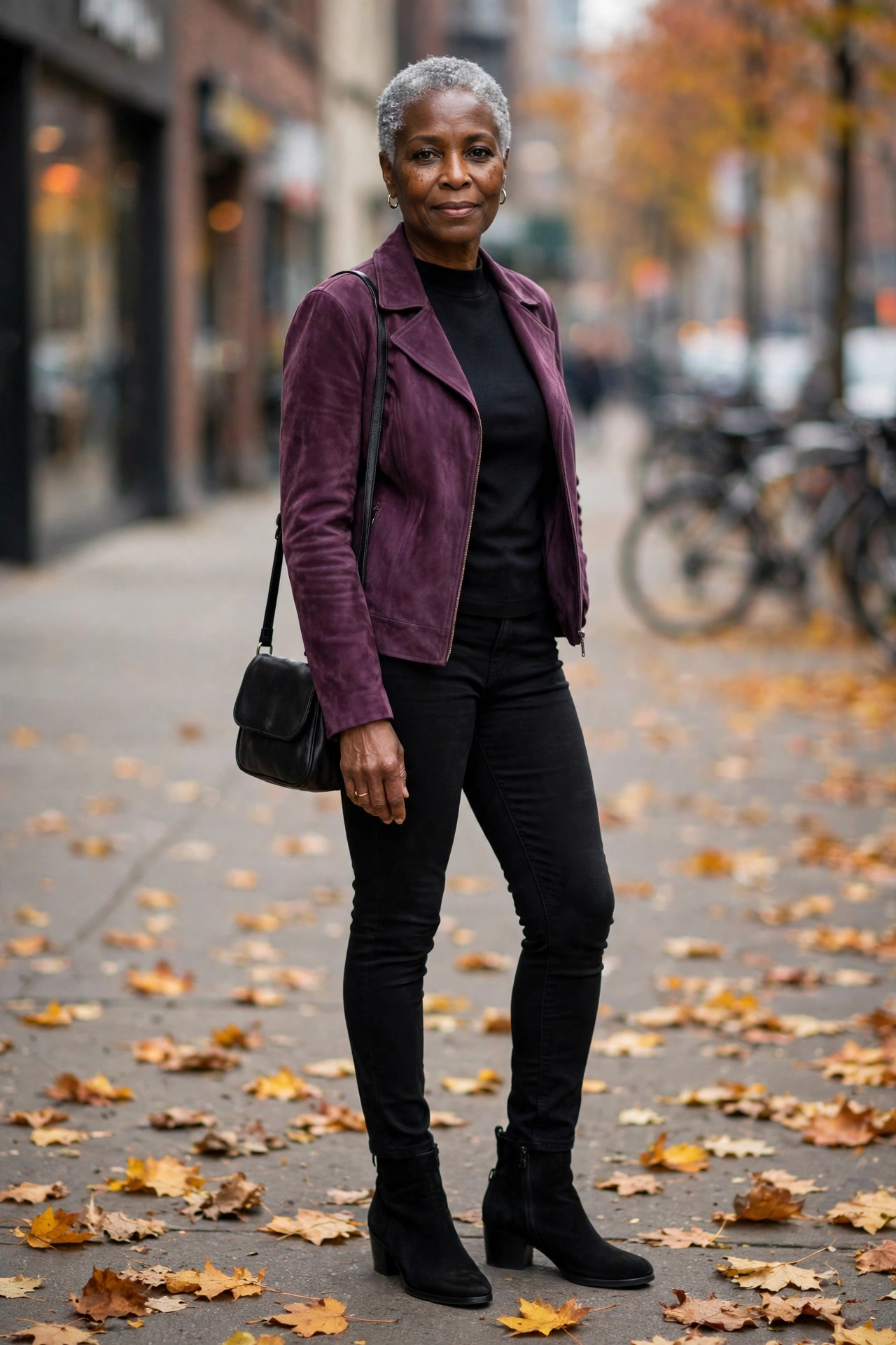 Woman over 50 in plum suede jacket and black skinny jeans with block-heel ankle boots.